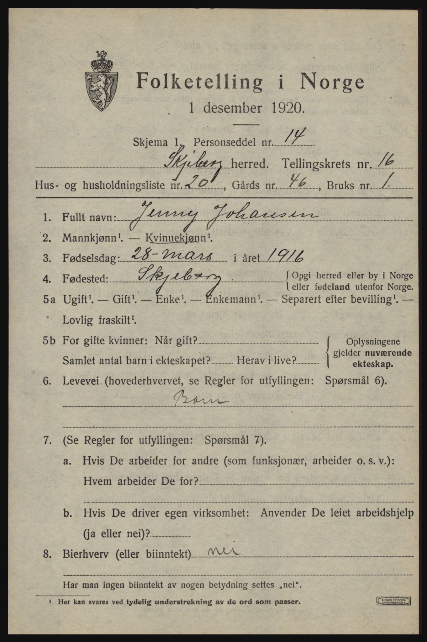 SAO, 1920 census for Skjeberg, 1920, p. 15067