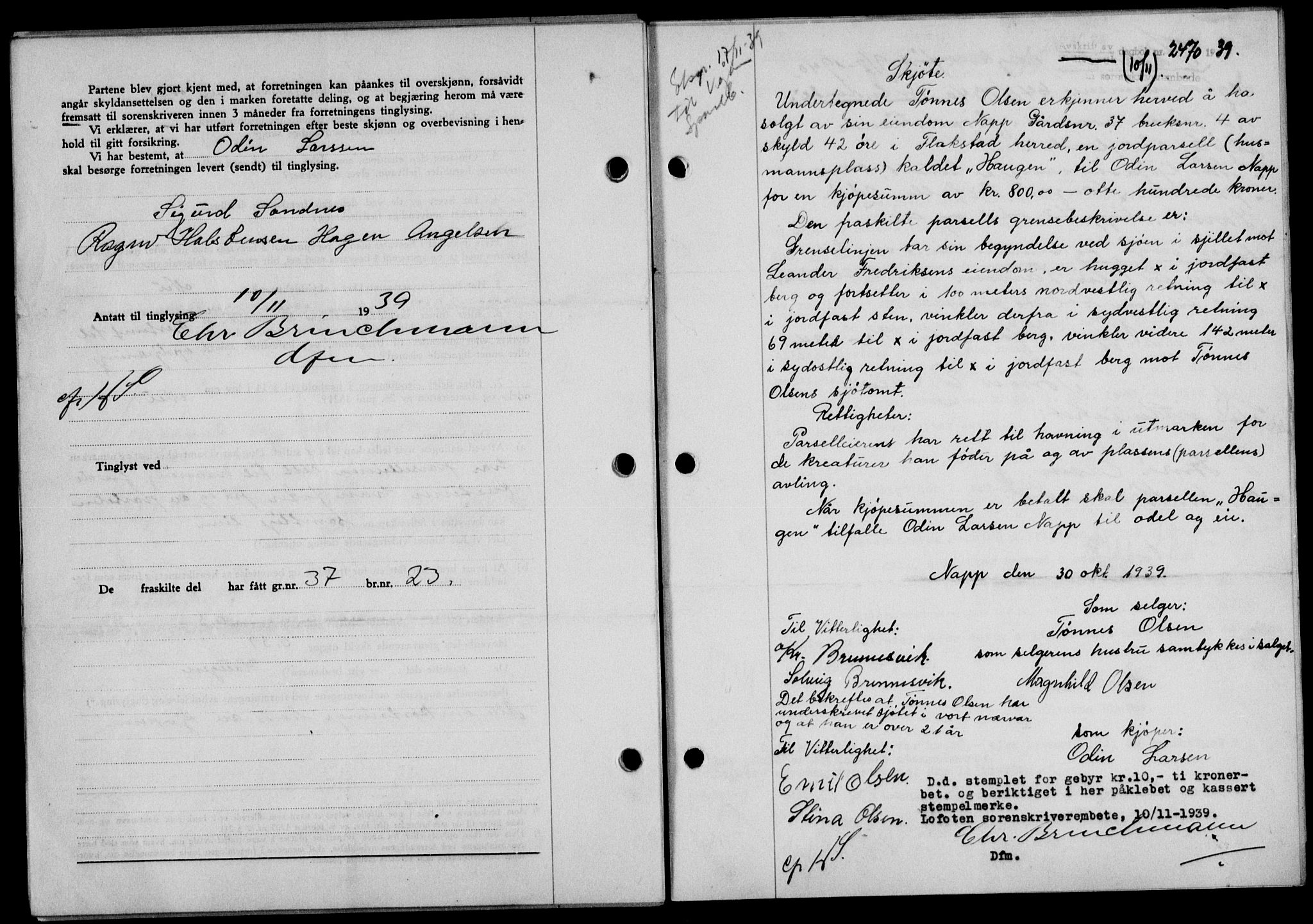 Lofoten sorenskriveri, SAT/A-0017/1/2/2C/L0006a: Mortgage book no. 6a, 1939-1939, Diary no: : 2470/1939