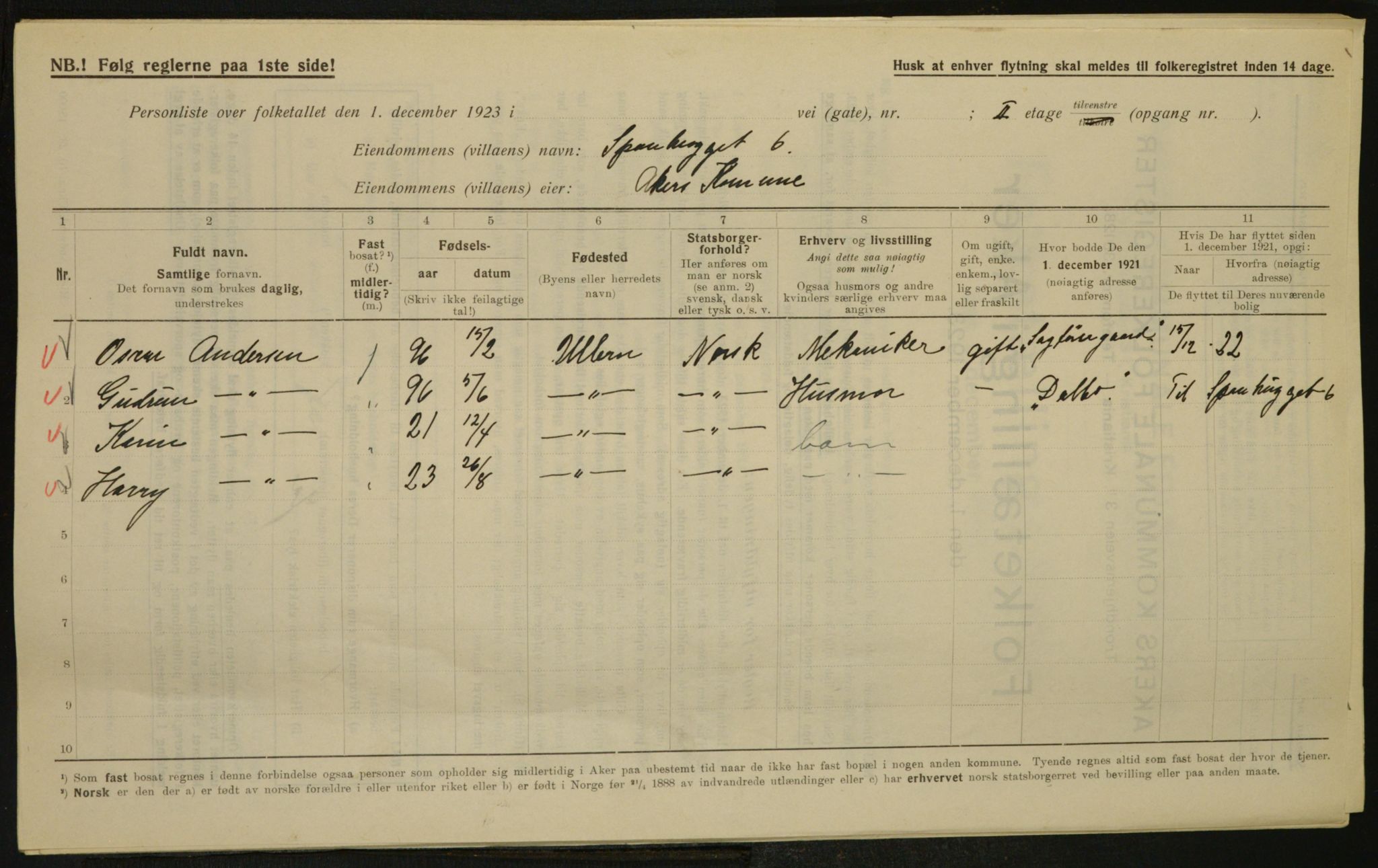 , Municipal Census 1923 for Aker, 1923, p. 5344