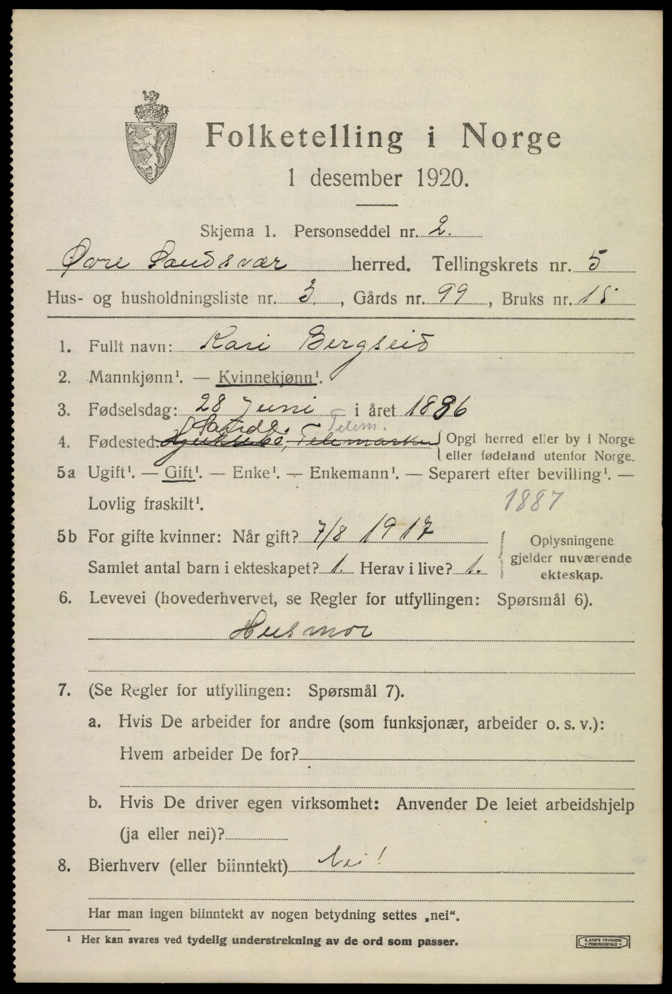 SAKO, 1920 census for Øvre Sandsvær, 1920, p. 2858