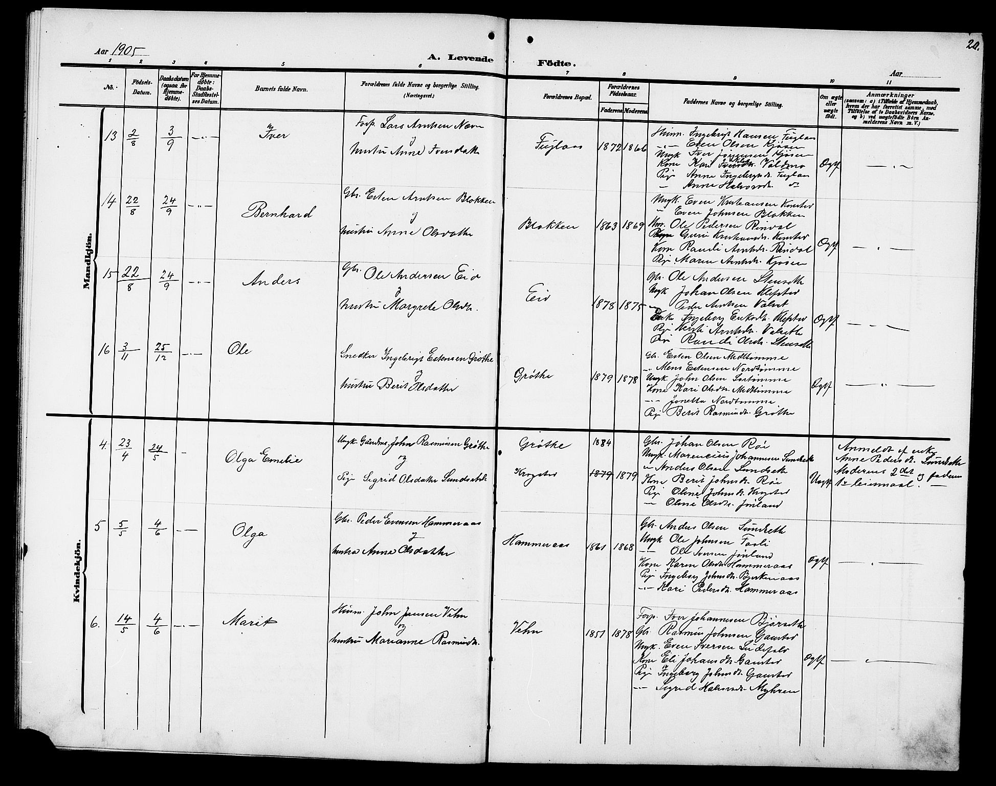 Ministerialprotokoller, klokkerbøker og fødselsregistre - Sør-Trøndelag, SAT/A-1456/694/L1133: Parish register (copy) no. 694C05, 1901-1914, p. 20