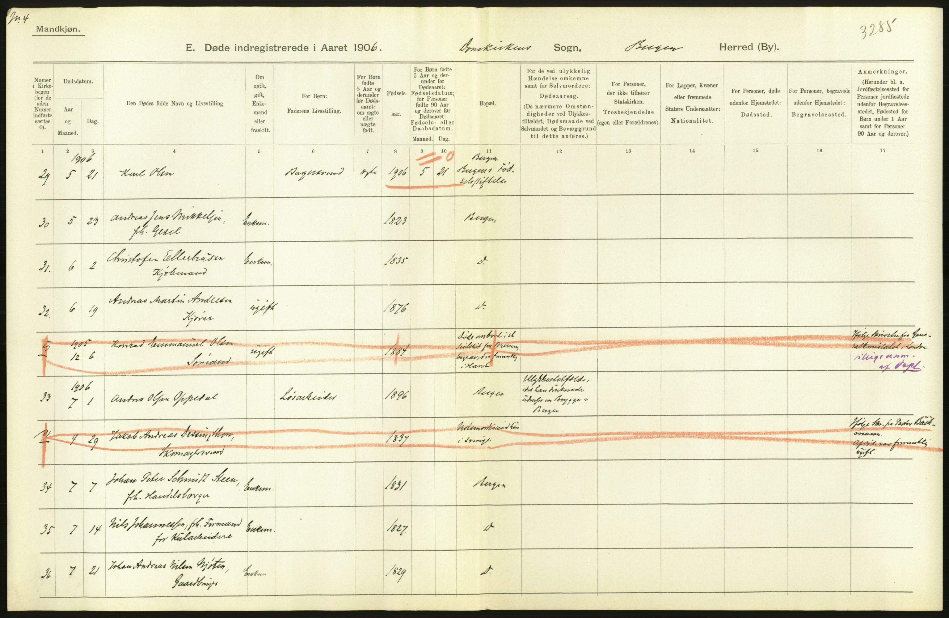 Statistisk sentralbyrå, Sosiodemografiske emner, Befolkning, AV/RA-S-2228/D/Df/Dfa/Dfad/L0032: Bergen: Gifte, døde, dødfødte., 1906, p. 8