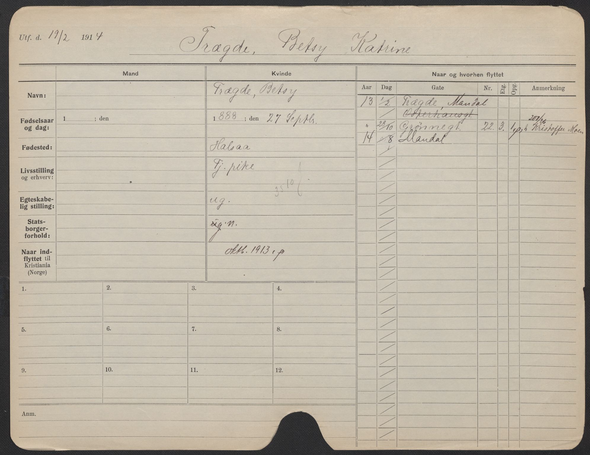 Oslo folkeregister, Registerkort, AV/SAO-A-11715/F/Fa/Fac/L0025: Kvinner, 1906-1914, p. 275a