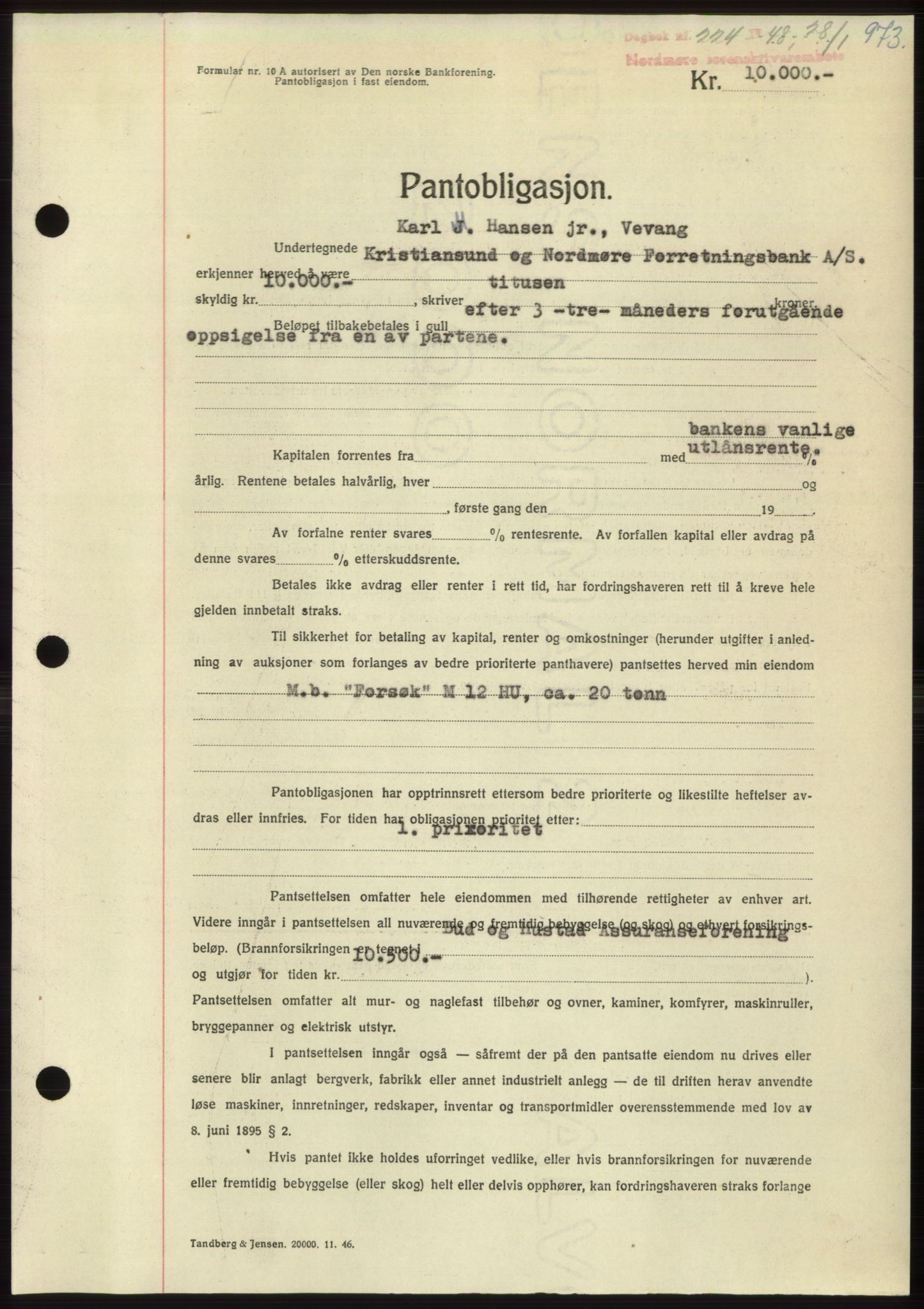 Nordmøre sorenskriveri, AV/SAT-A-4132/1/2/2Ca: Mortgage book no. B97, 1947-1948, Diary no: : 224/1948