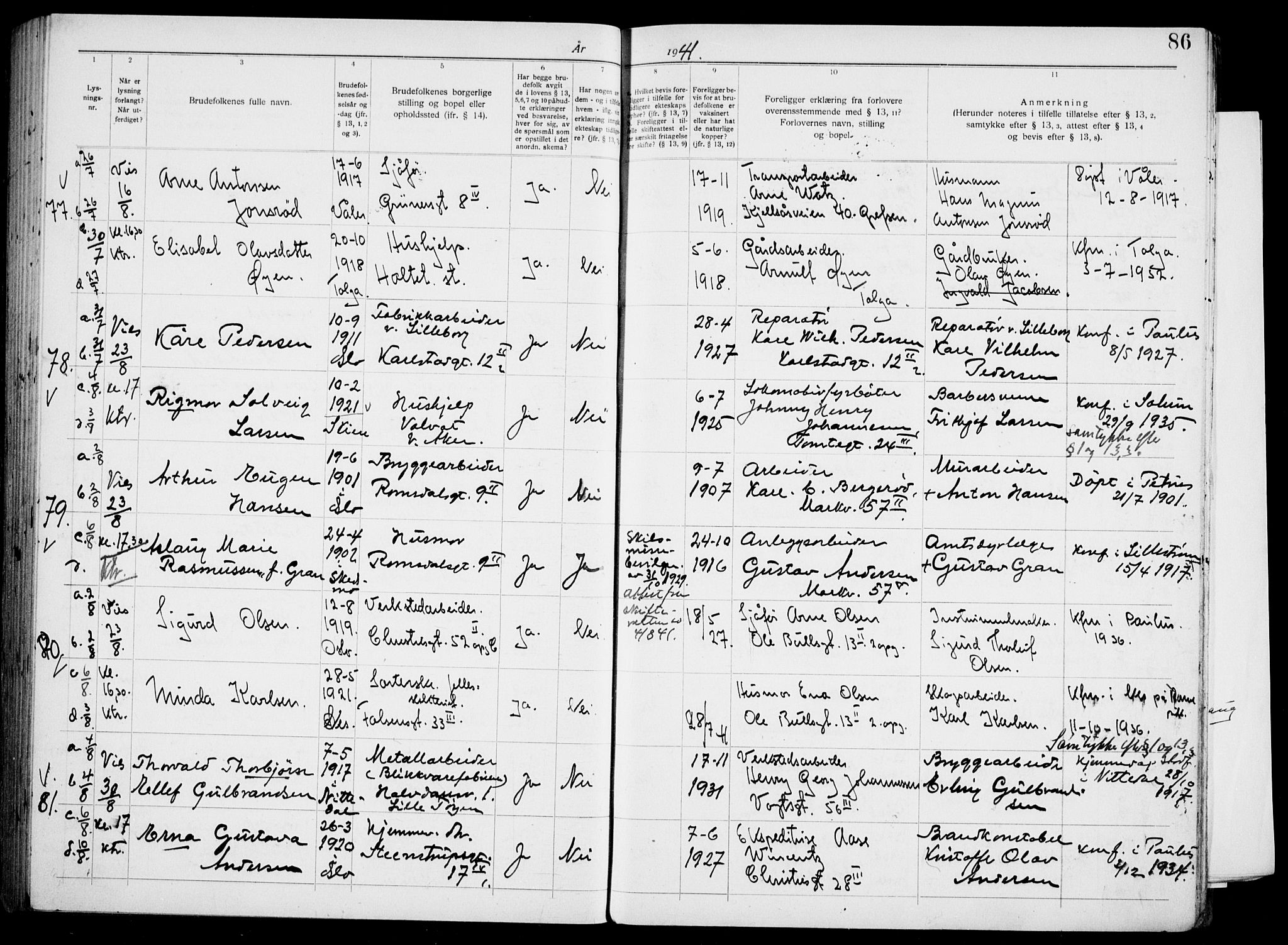 Paulus prestekontor Kirkebøker, AV/SAO-A-10871/H/Ha/L0006: Banns register no. 6, 1939-1942, p. 86