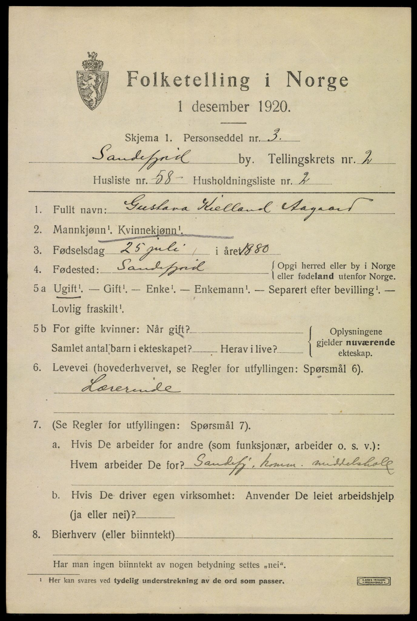 SAKO, 1920 census for Sandefjord, 1920, p. 6554