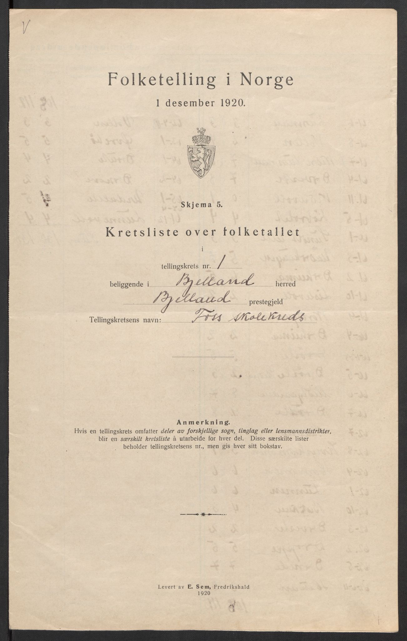 SAK, 1920 census for Bjelland, 1920, p. 14