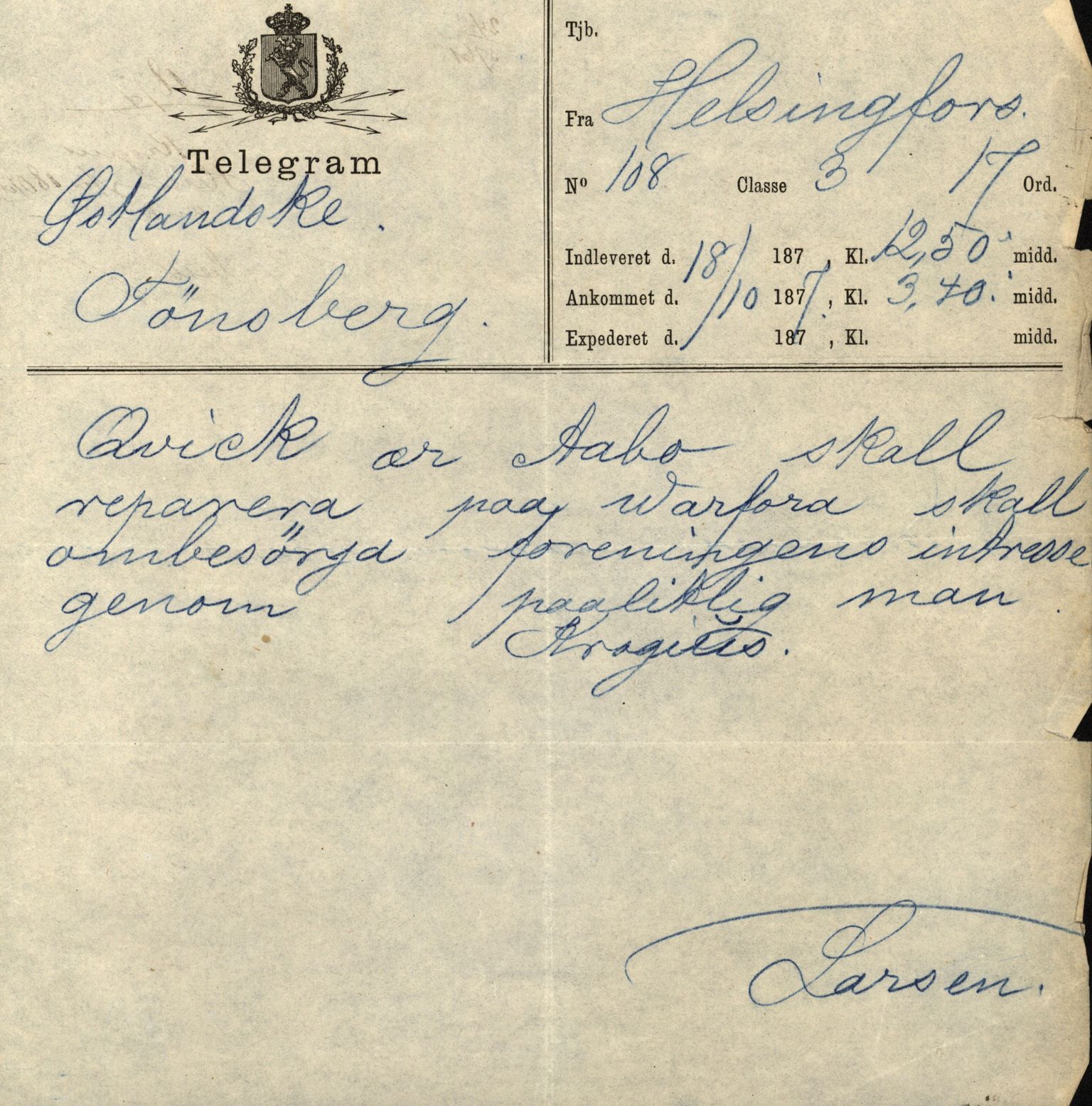 Pa 63 - Østlandske skibsassuranceforening, VEMU/A-1079/G/Ga/L0009/0020: Havaridokumenter / Kvik, 1877
