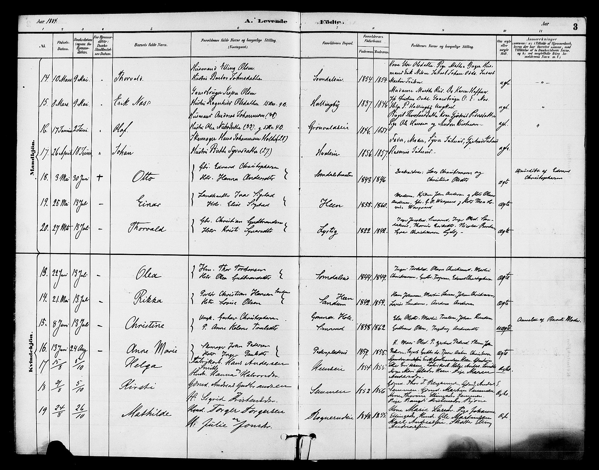 Ådal kirkebøker, AV/SAKO-A-248/F/Fb/L0001: Parish register (official) no. II 1, 1884-1897, p. 3