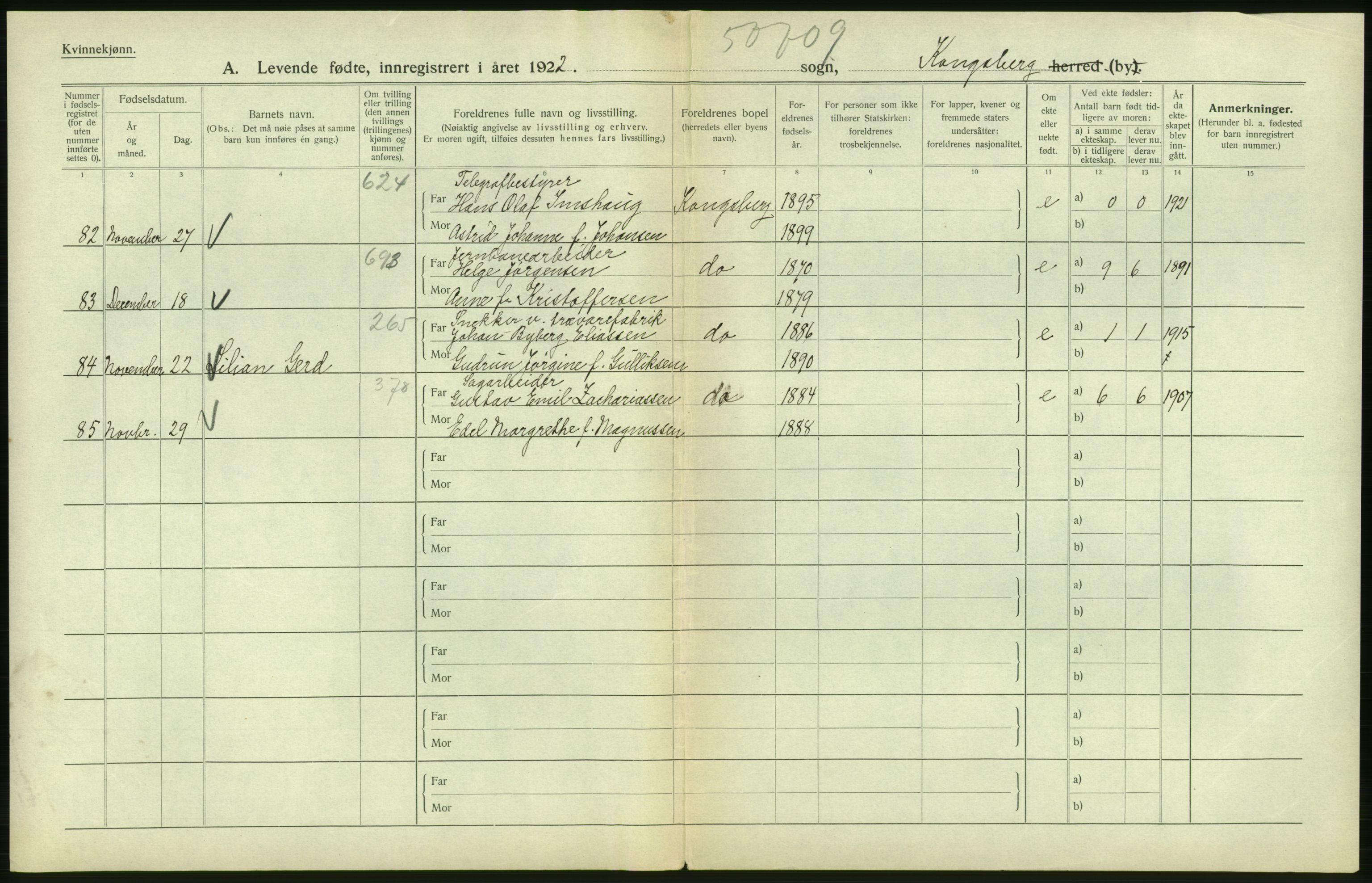 Statistisk sentralbyrå, Sosiodemografiske emner, Befolkning, RA/S-2228/D/Df/Dfc/Dfcb/L0015: Buskerud fylke: Levendefødte menn og kvinner. Bygder og byer., 1922, p. 126