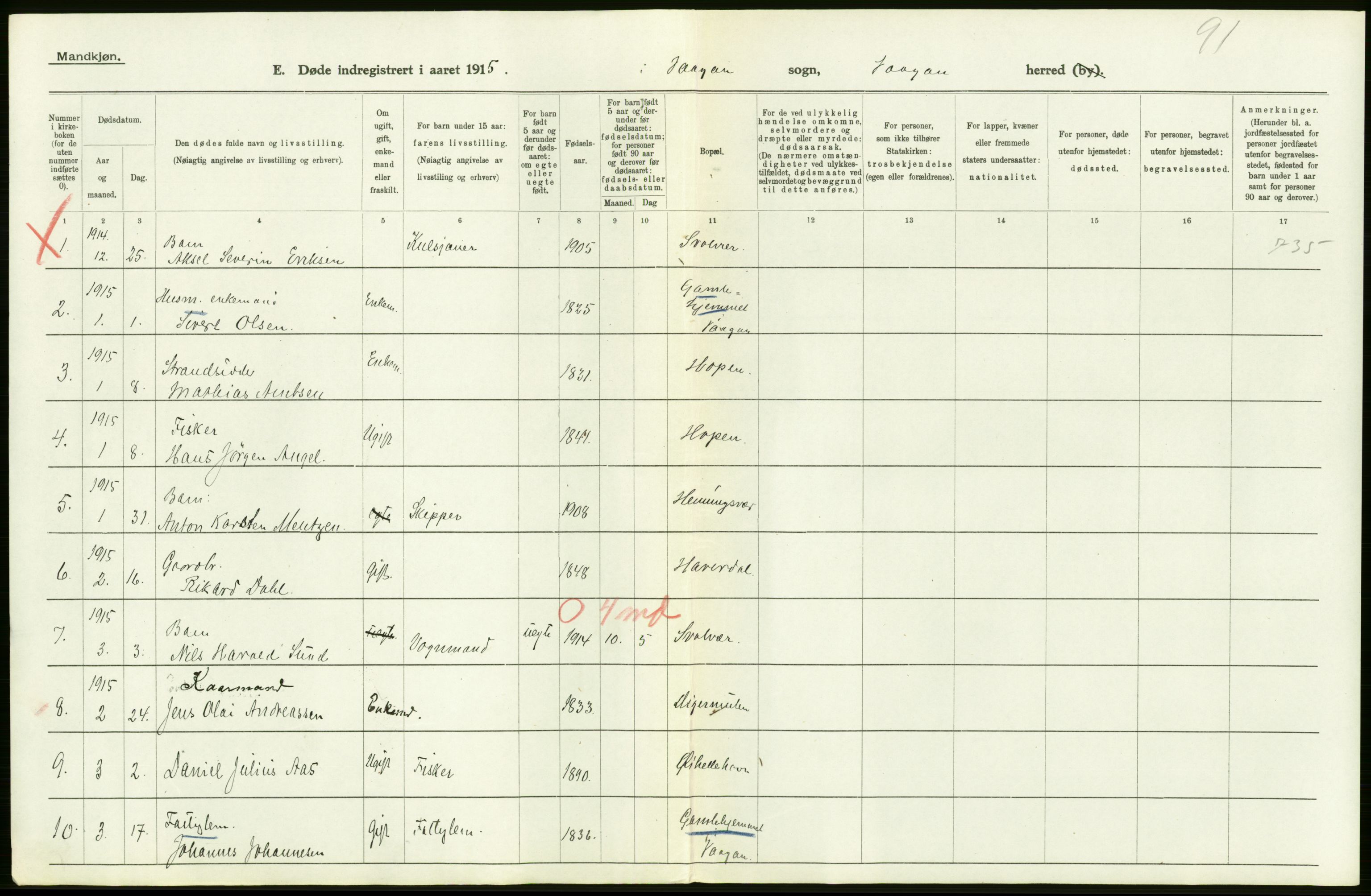 Statistisk sentralbyrå, Sosiodemografiske emner, Befolkning, RA/S-2228/D/Df/Dfb/Dfbe/L0050: Nordlands amt: Døde, dødfødte. Bygder og byer., 1915, p. 178