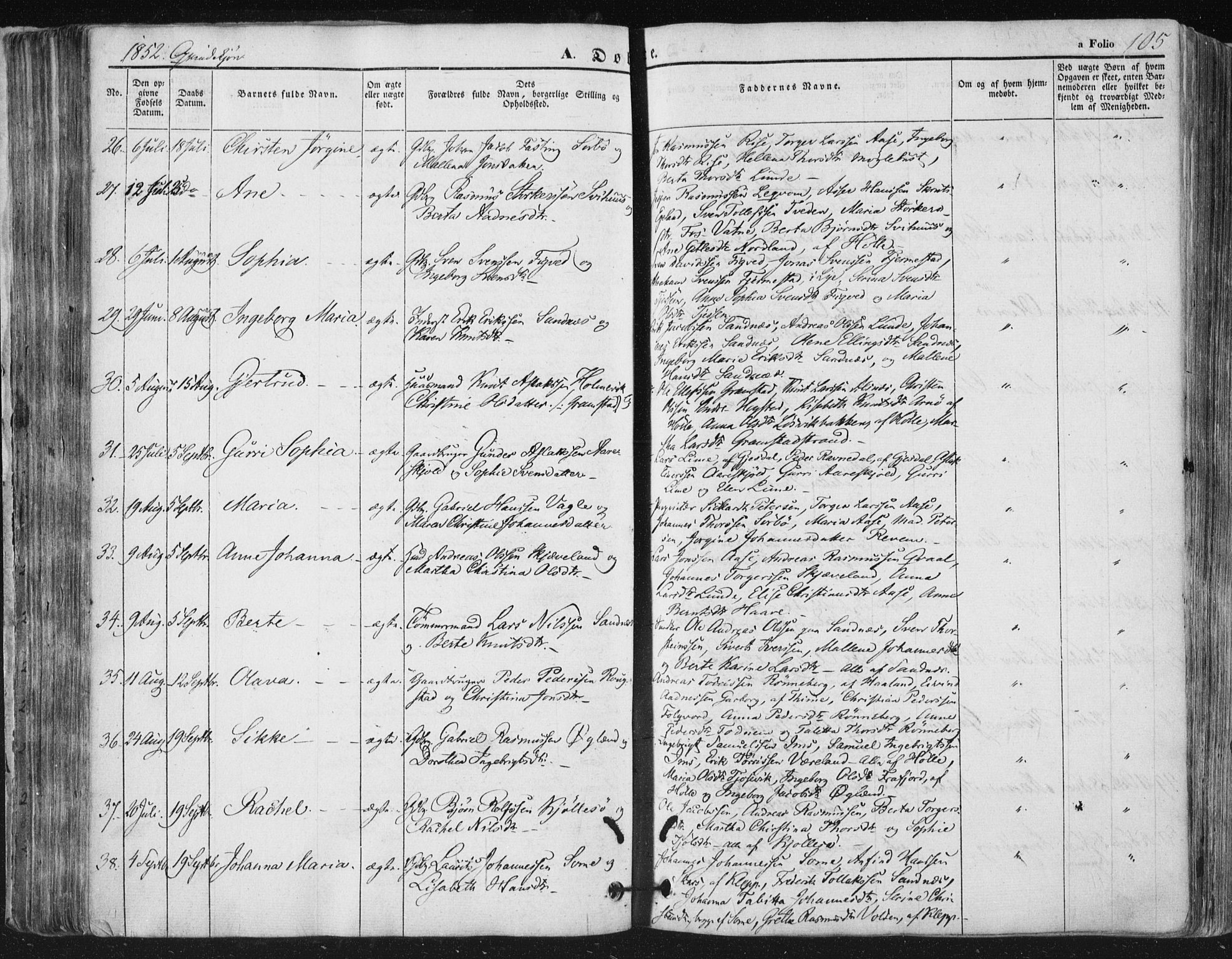 Høyland sokneprestkontor, AV/SAST-A-101799/001/30BA/L0008: Parish register (official) no. A 8, 1841-1856, p. 105