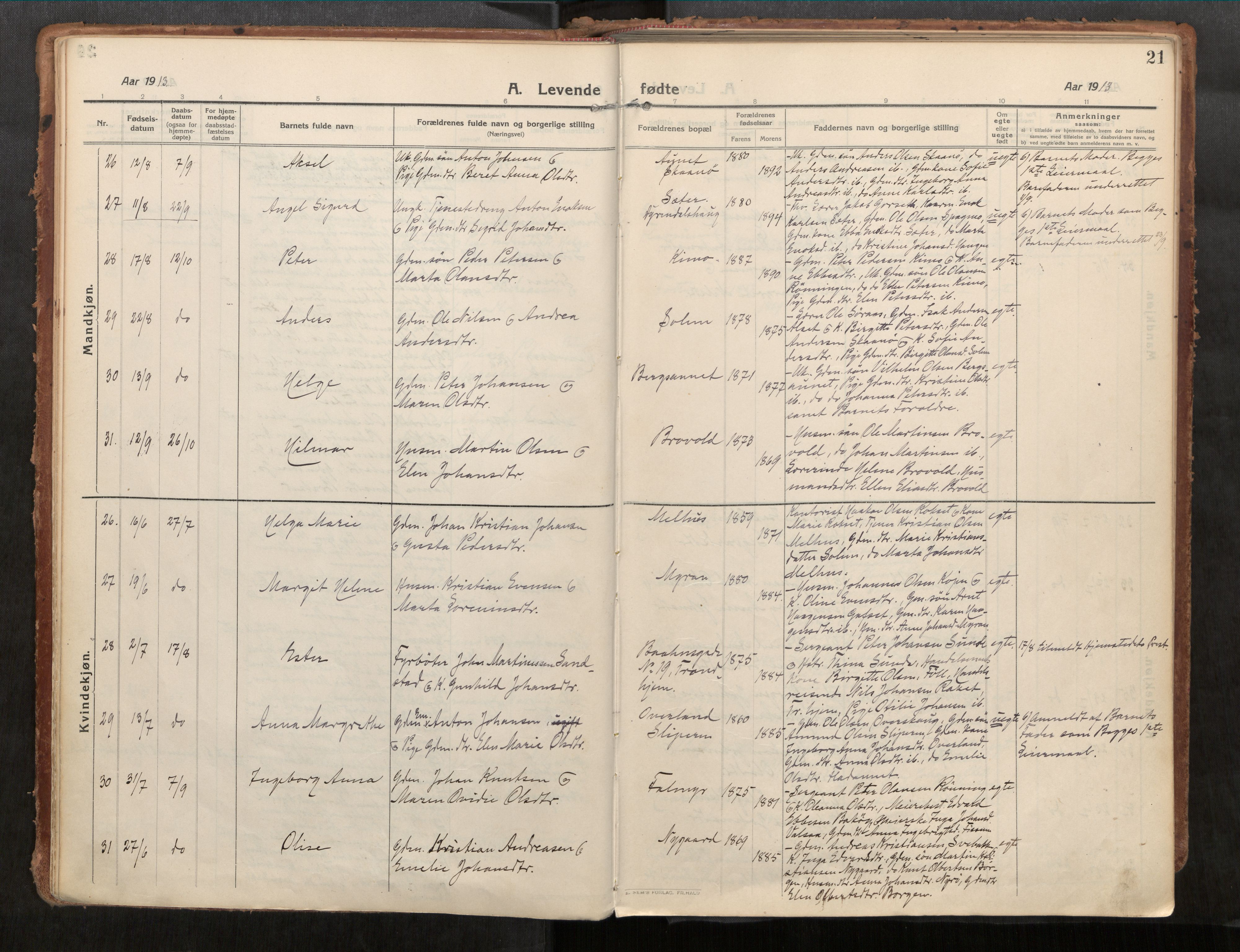 Stadsbygd sokneprestkontor, AV/SAT-A-1117/1/I/I1/I1a/L0001: Parish register (official) no. 1, 1911-1929, p. 21