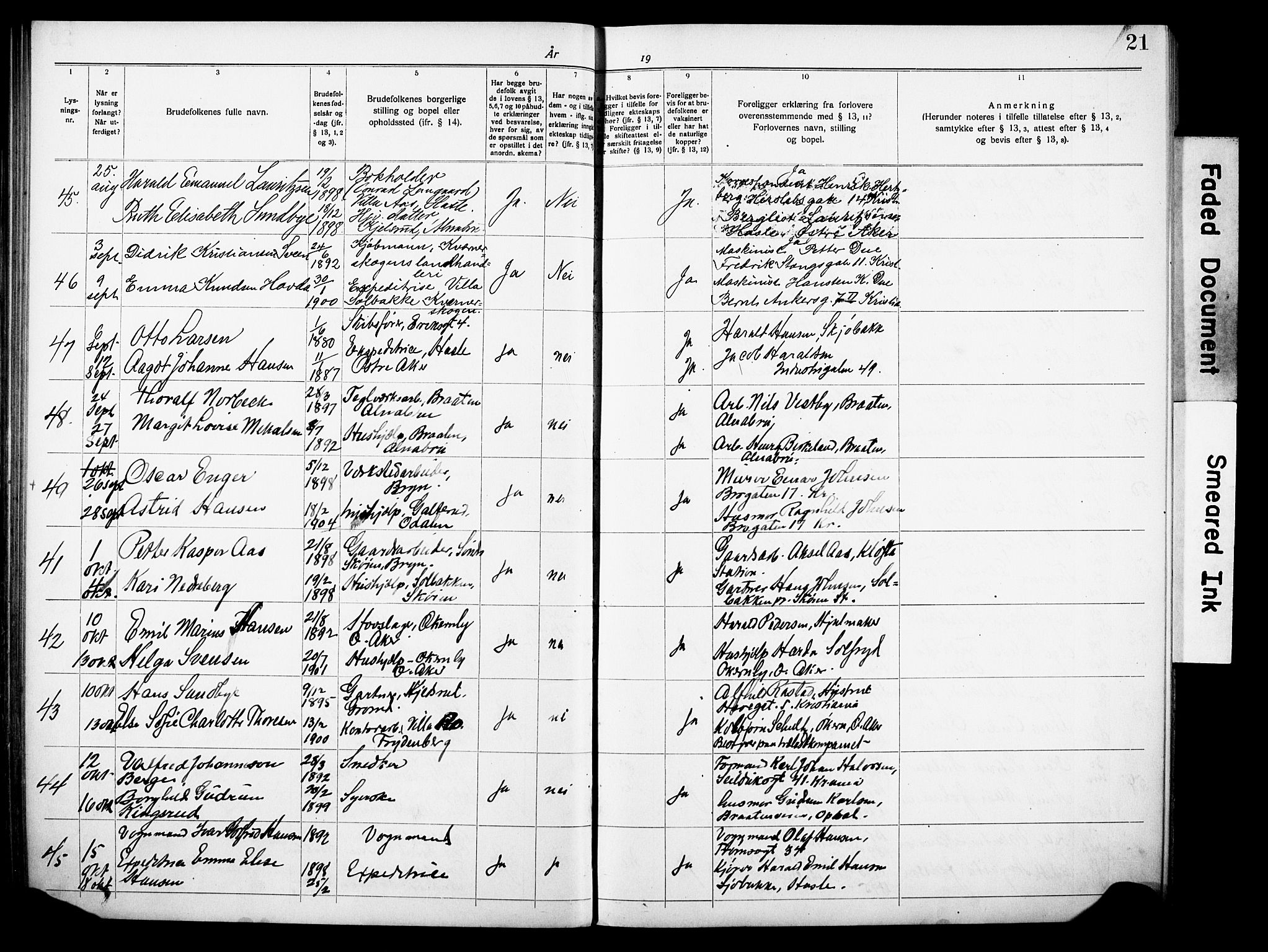 Østre Aker prestekontor Kirkebøker, AV/SAO-A-10840/H/Ha/L0007: Banns register no. I 7, 1919-1933, p. 21