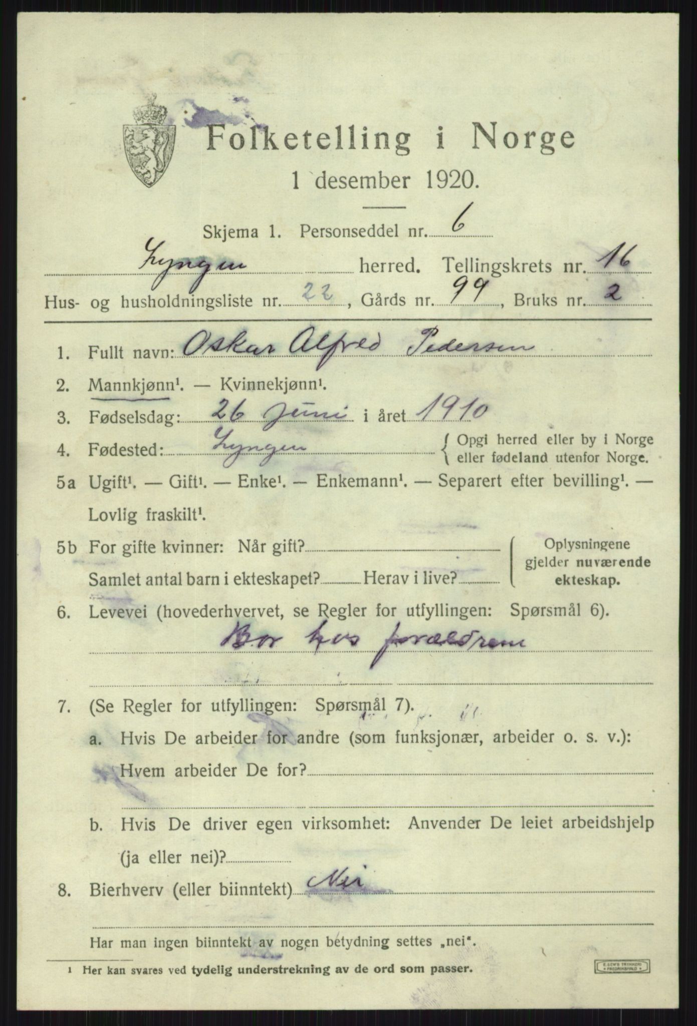 SATØ, 1920 census for Lyngen, 1920, p. 13565