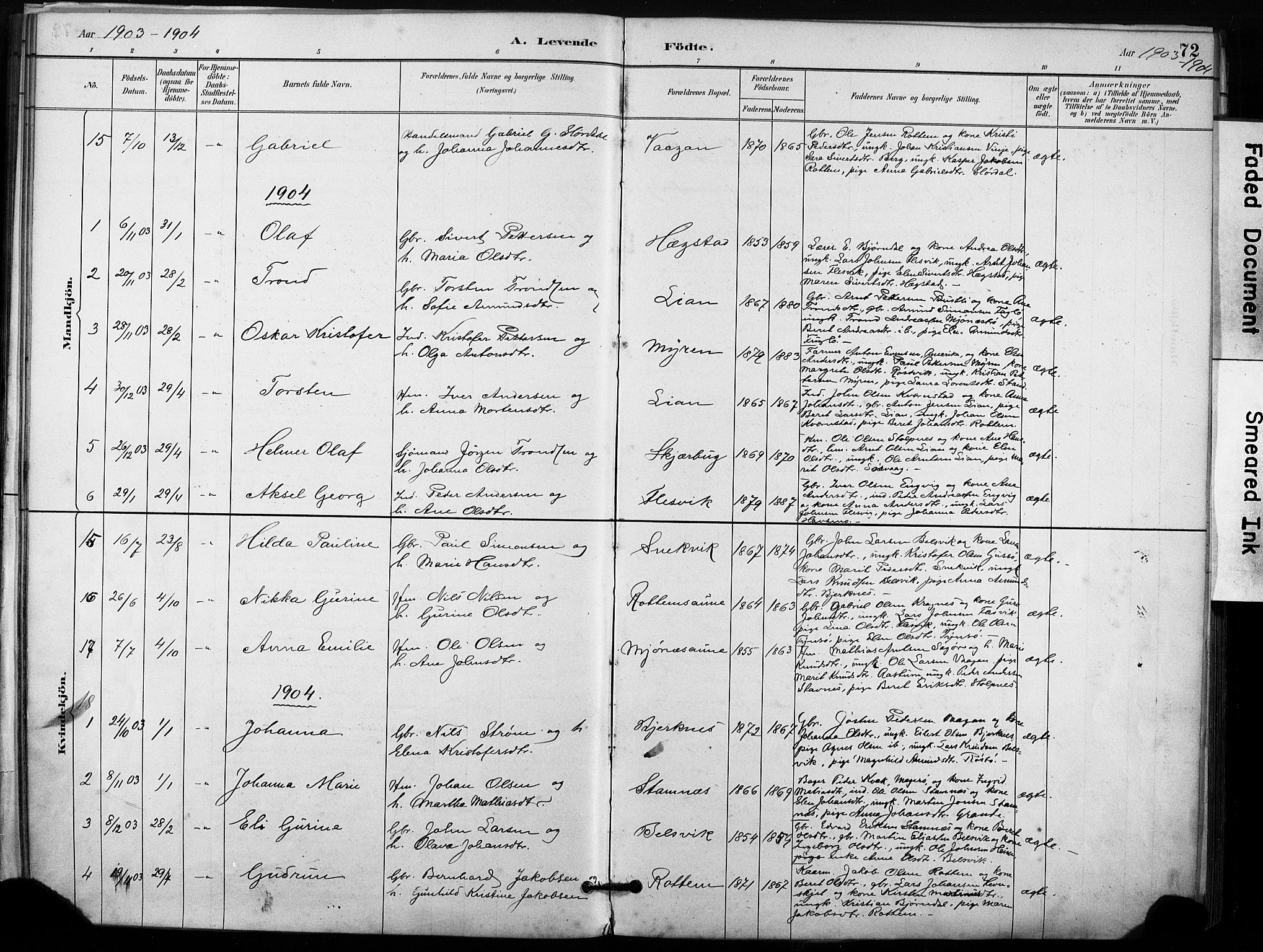 Ministerialprotokoller, klokkerbøker og fødselsregistre - Sør-Trøndelag, SAT/A-1456/633/L0518: Parish register (official) no. 633A01, 1884-1906, p. 72