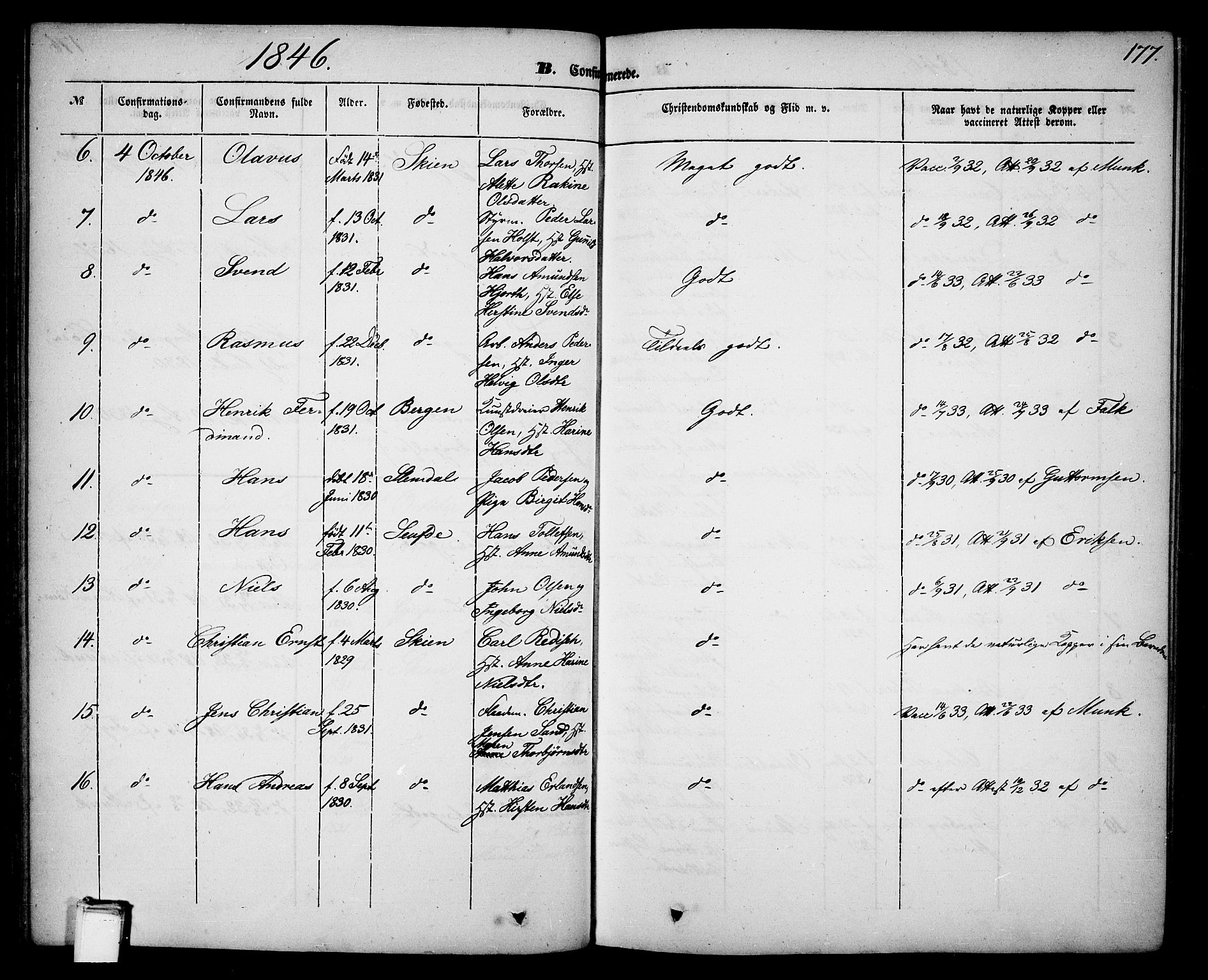 Skien kirkebøker, SAKO/A-302/G/Ga/L0004: Parish register (copy) no. 4, 1843-1867, p. 177