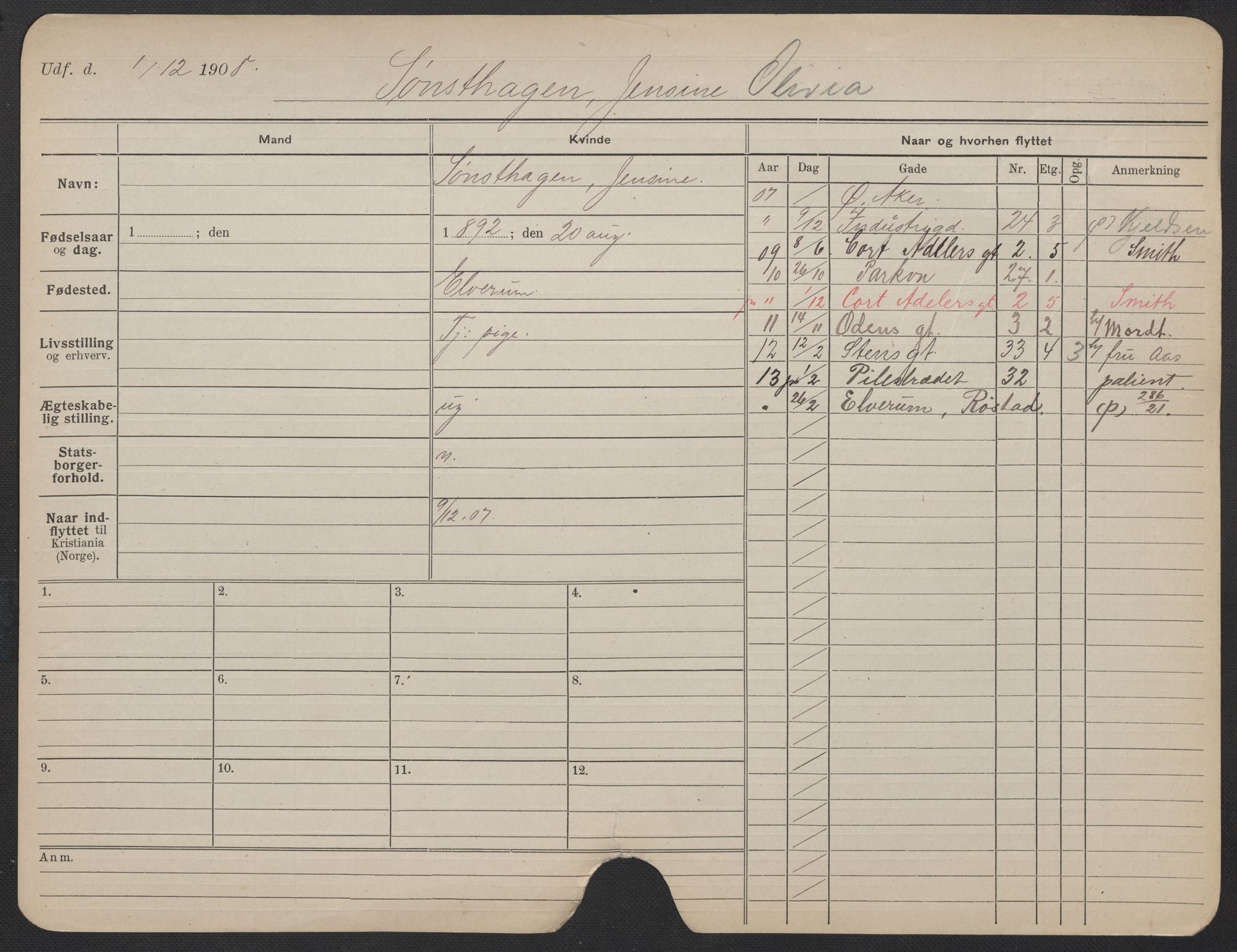 Oslo folkeregister, Registerkort, AV/SAO-A-11715/F/Fa/Fac/L0024: Kvinner, 1906-1914, p. 851a