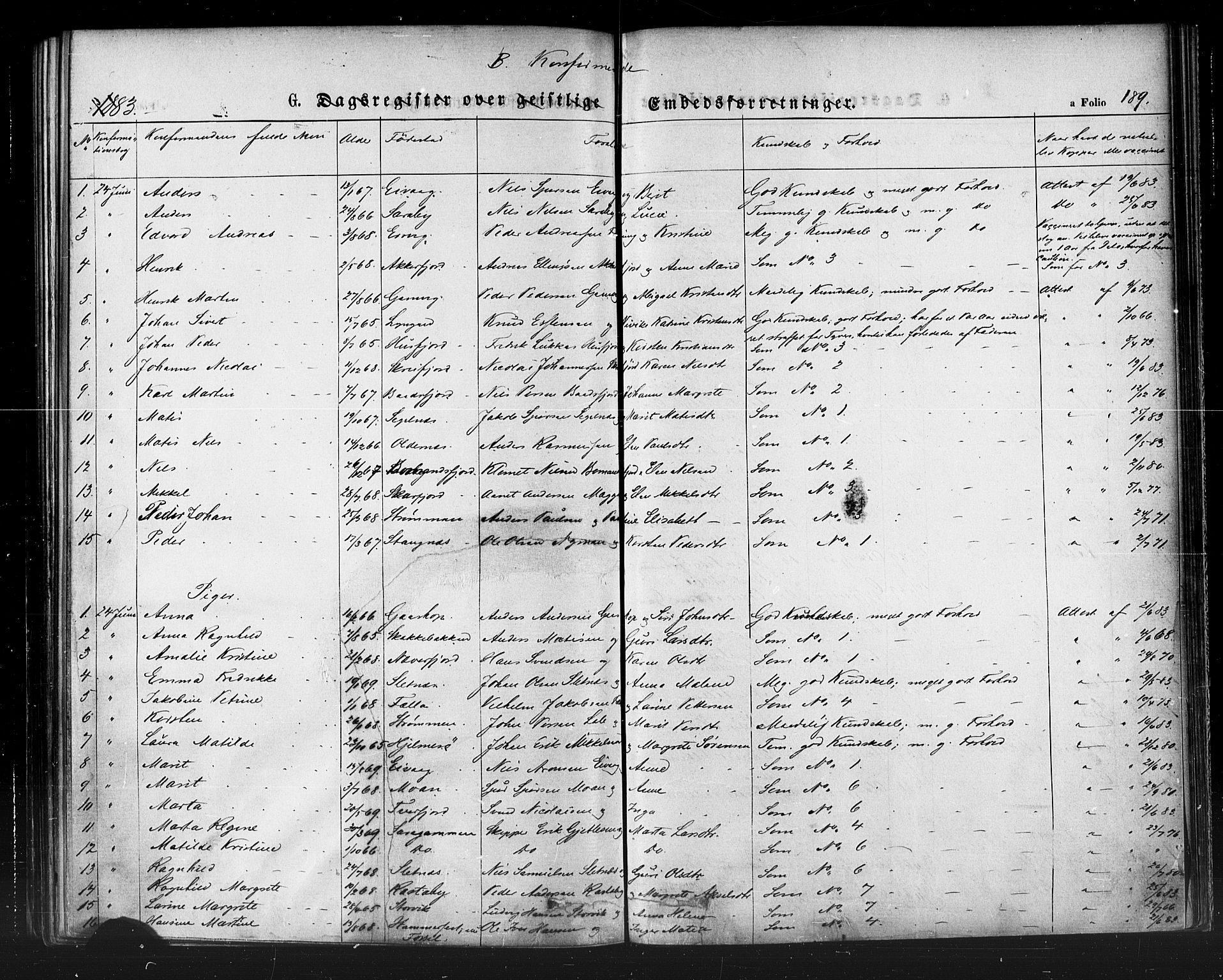 Hammerfest sokneprestkontor, SATØ/S-1347/H/Ha/L0007.kirke: Parish register (official) no. 7, 1869-1884, p. 189