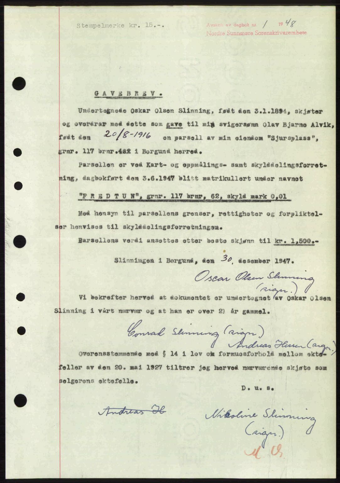 Nordre Sunnmøre sorenskriveri, AV/SAT-A-0006/1/2/2C/2Ca: Mortgage book no. A26, 1947-1948, Diary no: : 1/1948