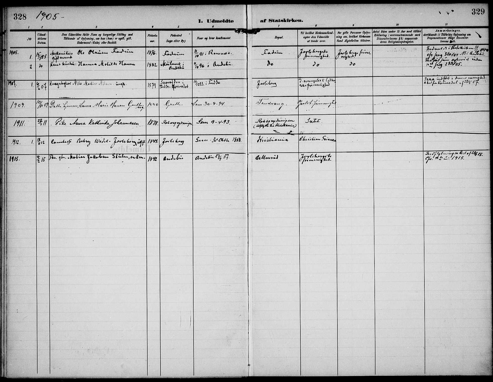 Sem kirkebøker, AV/SAKO-A-5/F/Fa/L0012: Parish register (official) no. I 12, 1905-1915, p. 328-329