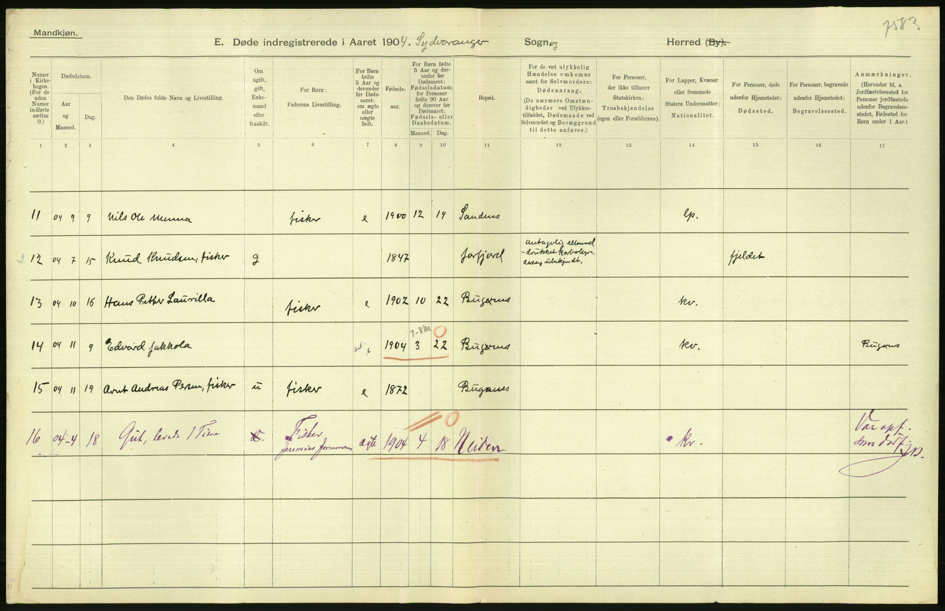 Statistisk sentralbyrå, Sosiodemografiske emner, Befolkning, AV/RA-S-2228/D/Df/Dfa/Dfab/L0023: Finnmarkens amt: Fødte, gifte, døde, 1904, p. 258