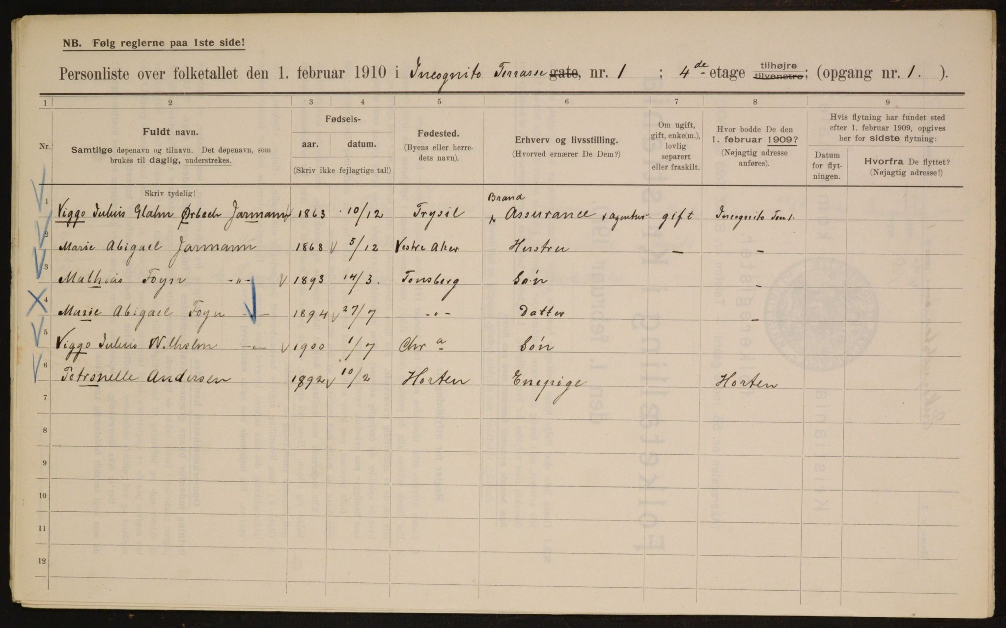 OBA, Municipal Census 1910 for Kristiania, 1910, p. 43322