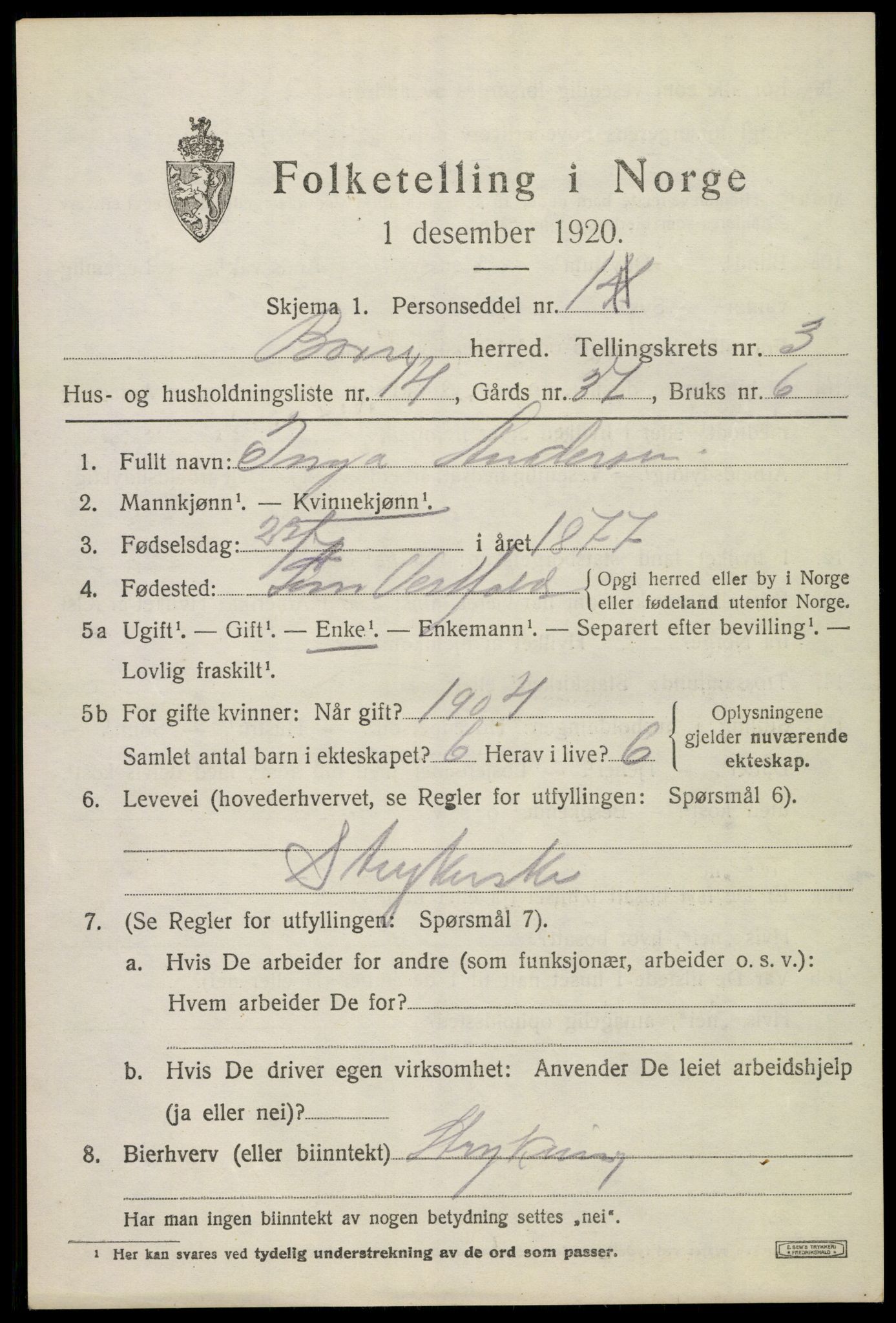 SAKO, 1920 census for Borre, 1920, p. 6190