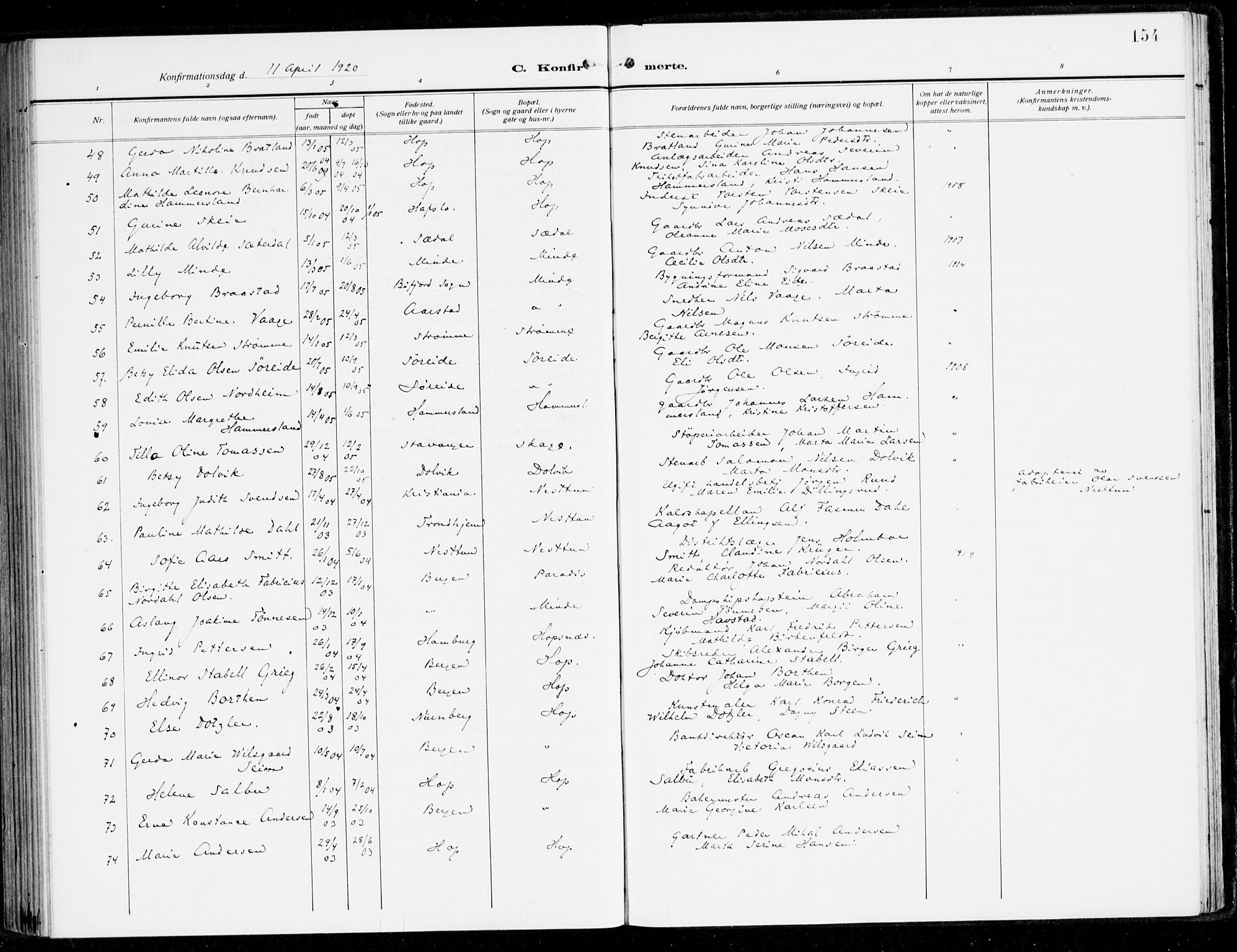 Fana Sokneprestembete, SAB/A-75101/H/Haa/Haai/L0004: Parish register (official) no. I 4, 1912-1933, p. 154