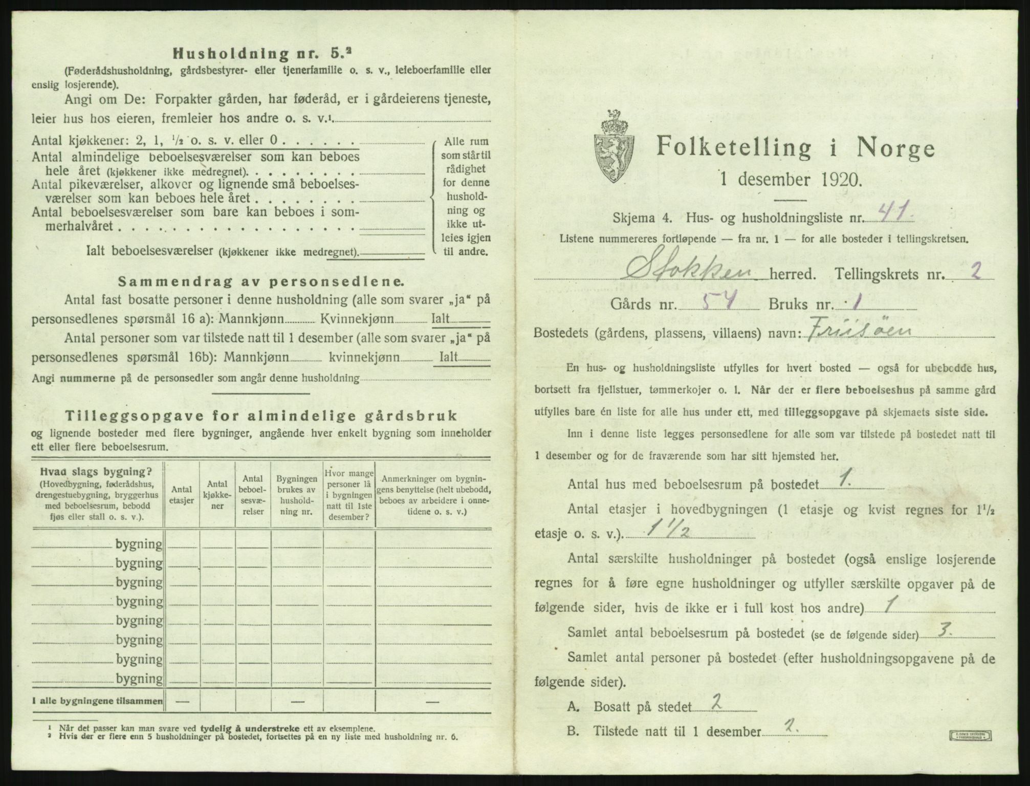 SAK, 1920 census for Stokken, 1920, p. 300