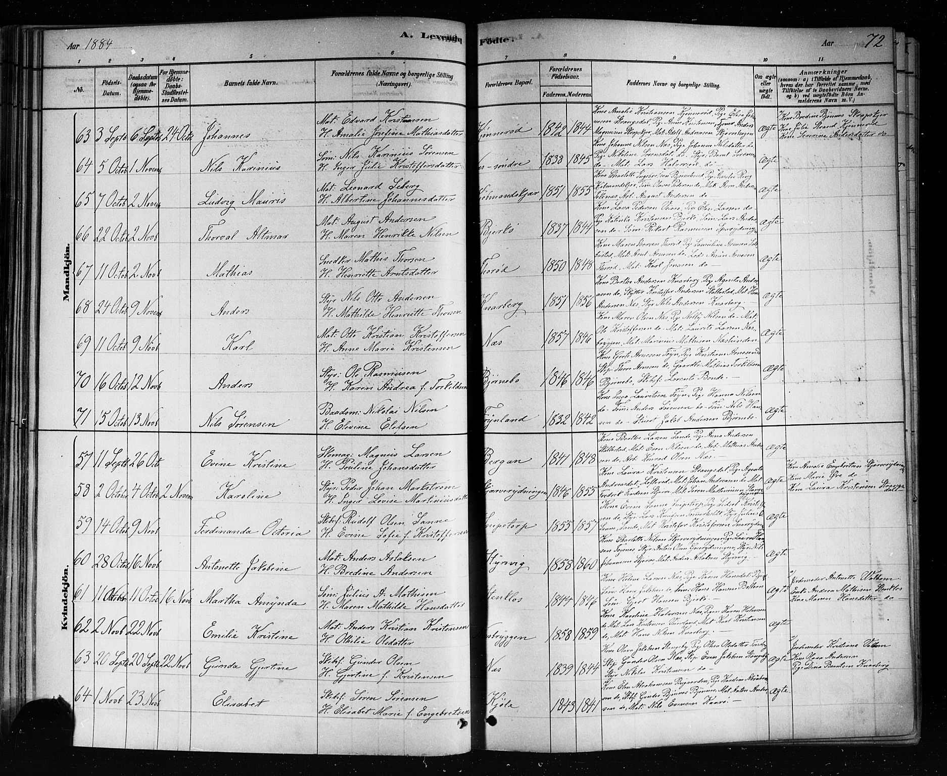 Nøtterøy kirkebøker, SAKO/A-354/F/Fa/L0008: Parish register (official) no. I 8, 1878-1893, p. 72