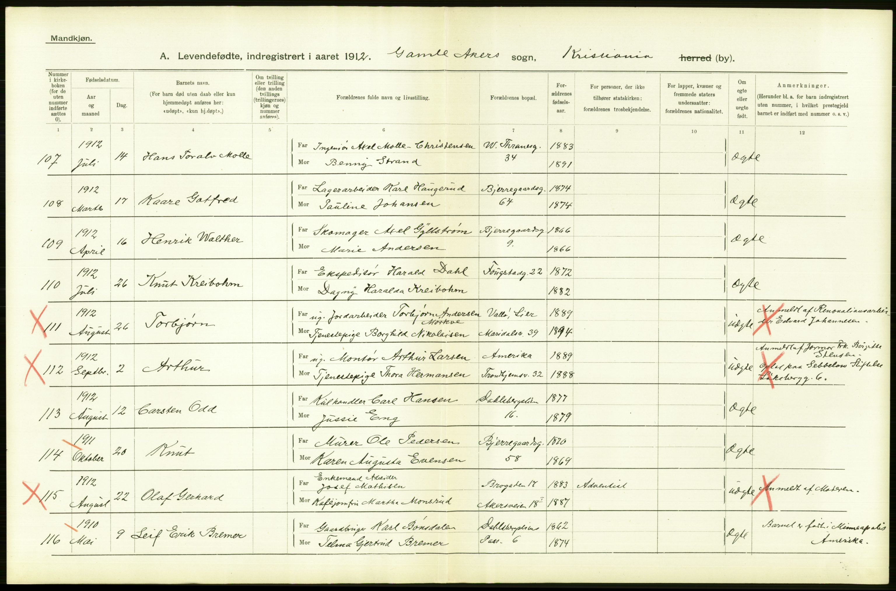 Statistisk sentralbyrå, Sosiodemografiske emner, Befolkning, RA/S-2228/D/Df/Dfb/Dfbb/L0007: Kristiania:  Levendefødte menn og kvinner., 1912, p. 502