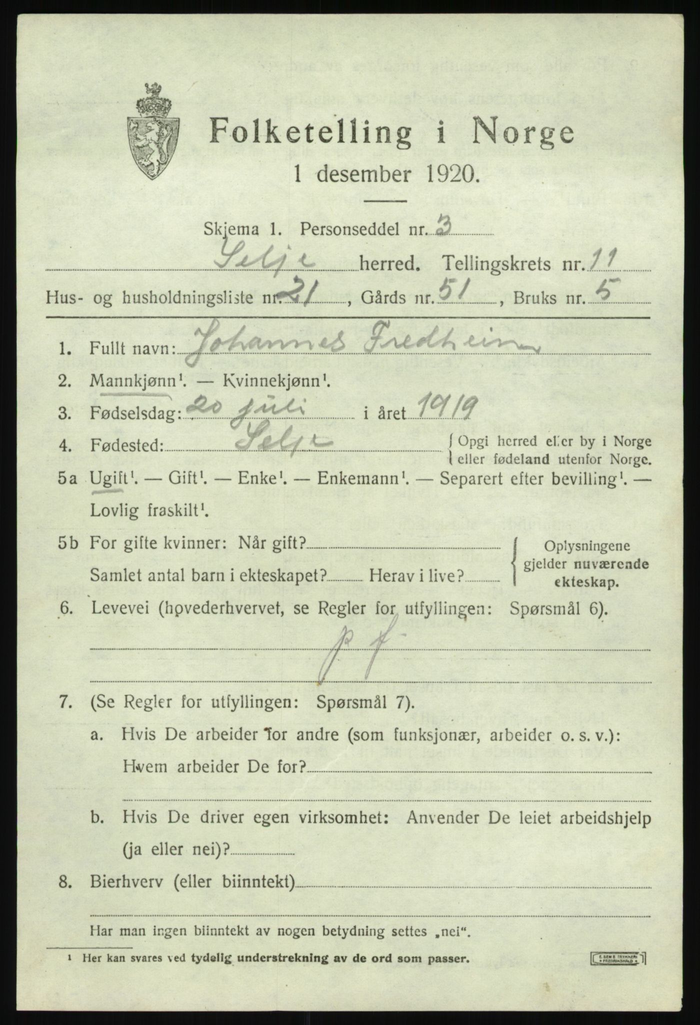 SAB, 1920 census for Selje, 1920, p. 5129