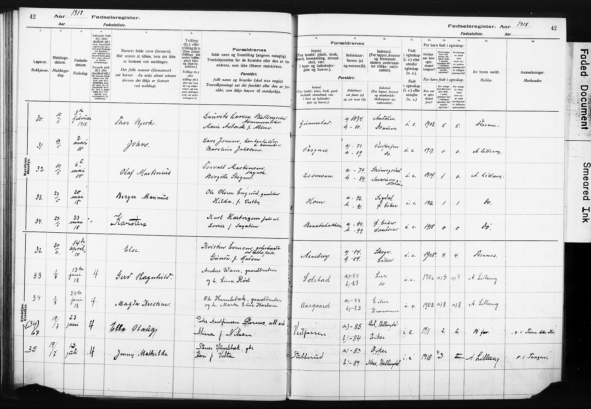 Eiker kirkebøker, AV/SAKO-A-4/J/Ja/L0001: Birth register no. I 1, 1916-1927, p. 42