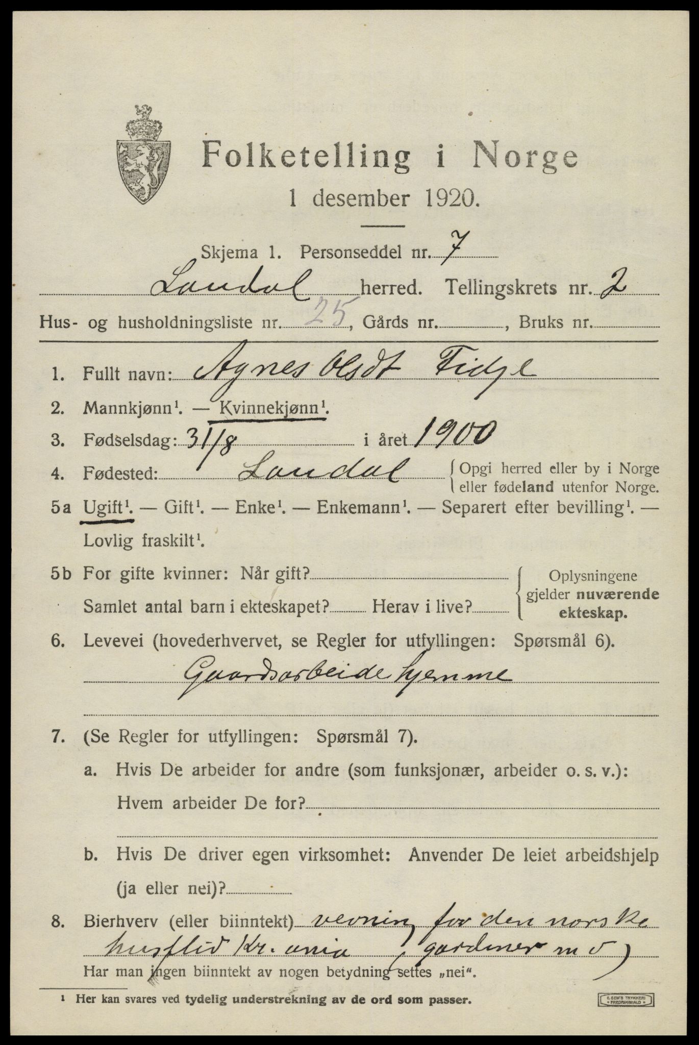 SAK, 1920 census for Laudal, 1920, p. 1000