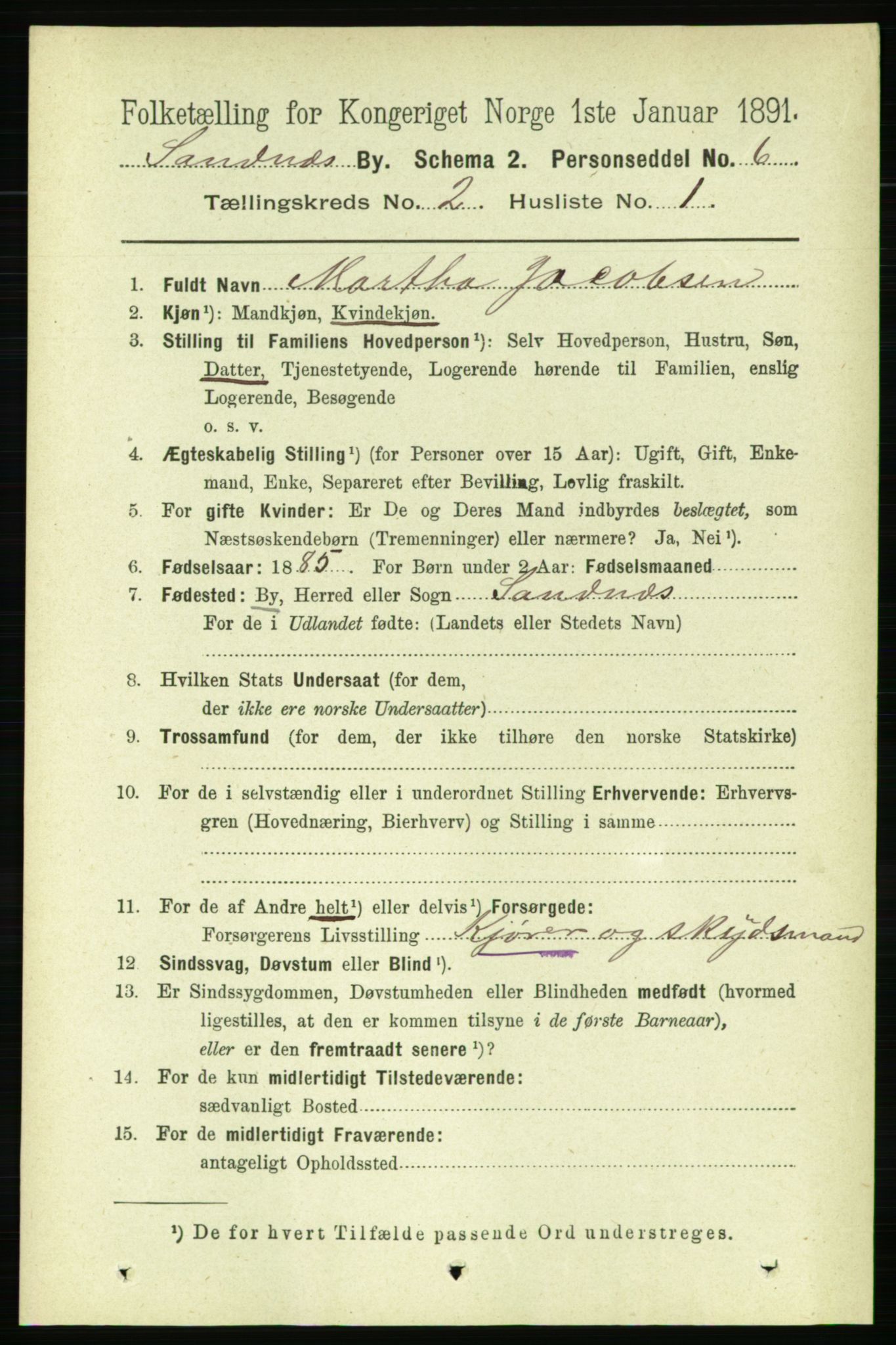 RA, 1891 census for 1102 Sandnes, 1891, p. 941