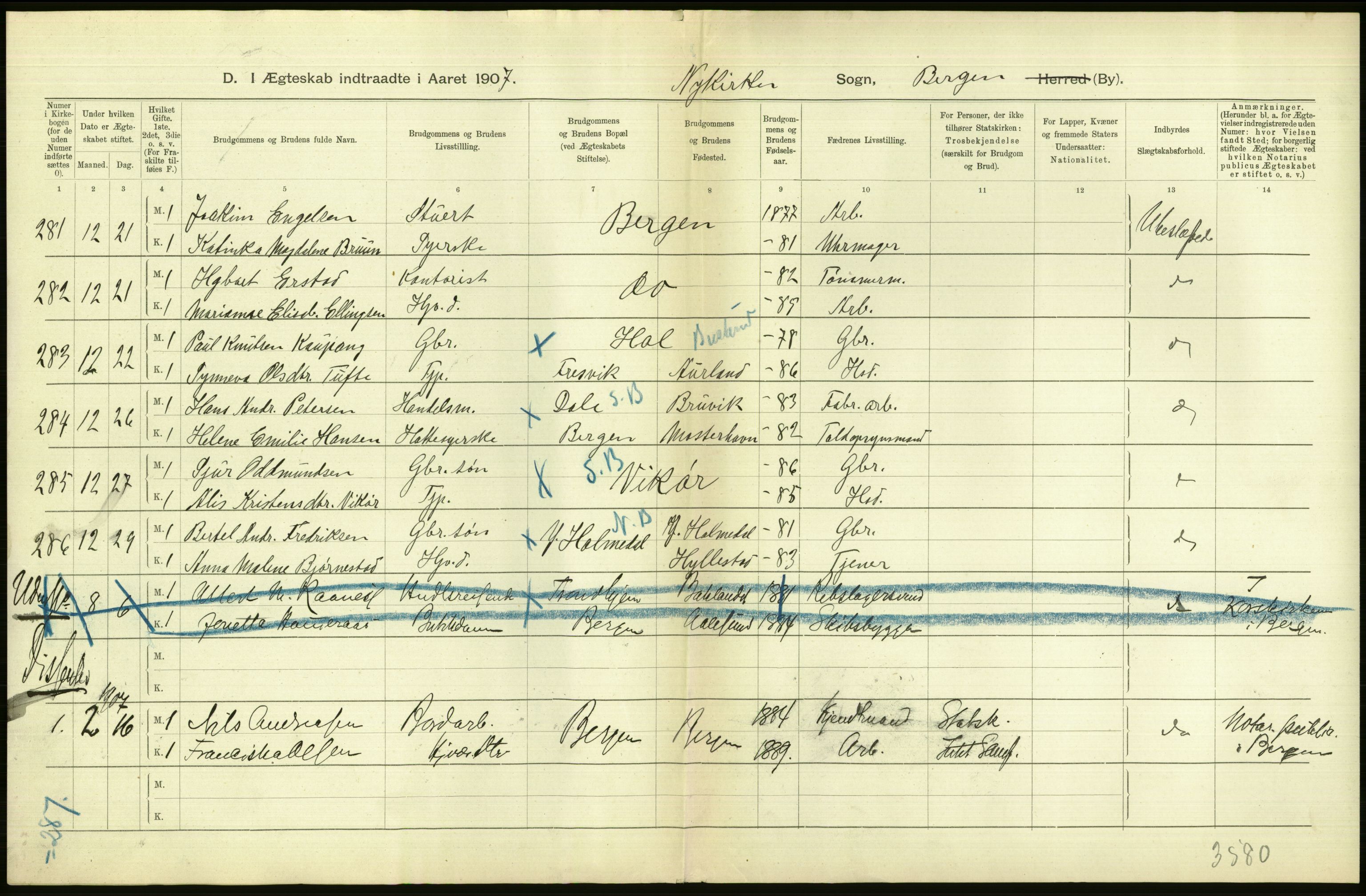 Statistisk sentralbyrå, Sosiodemografiske emner, Befolkning, AV/RA-S-2228/D/Df/Dfa/Dfae/L0031: Bergen: gifte, døde, dødfødte., 1907, p. 4