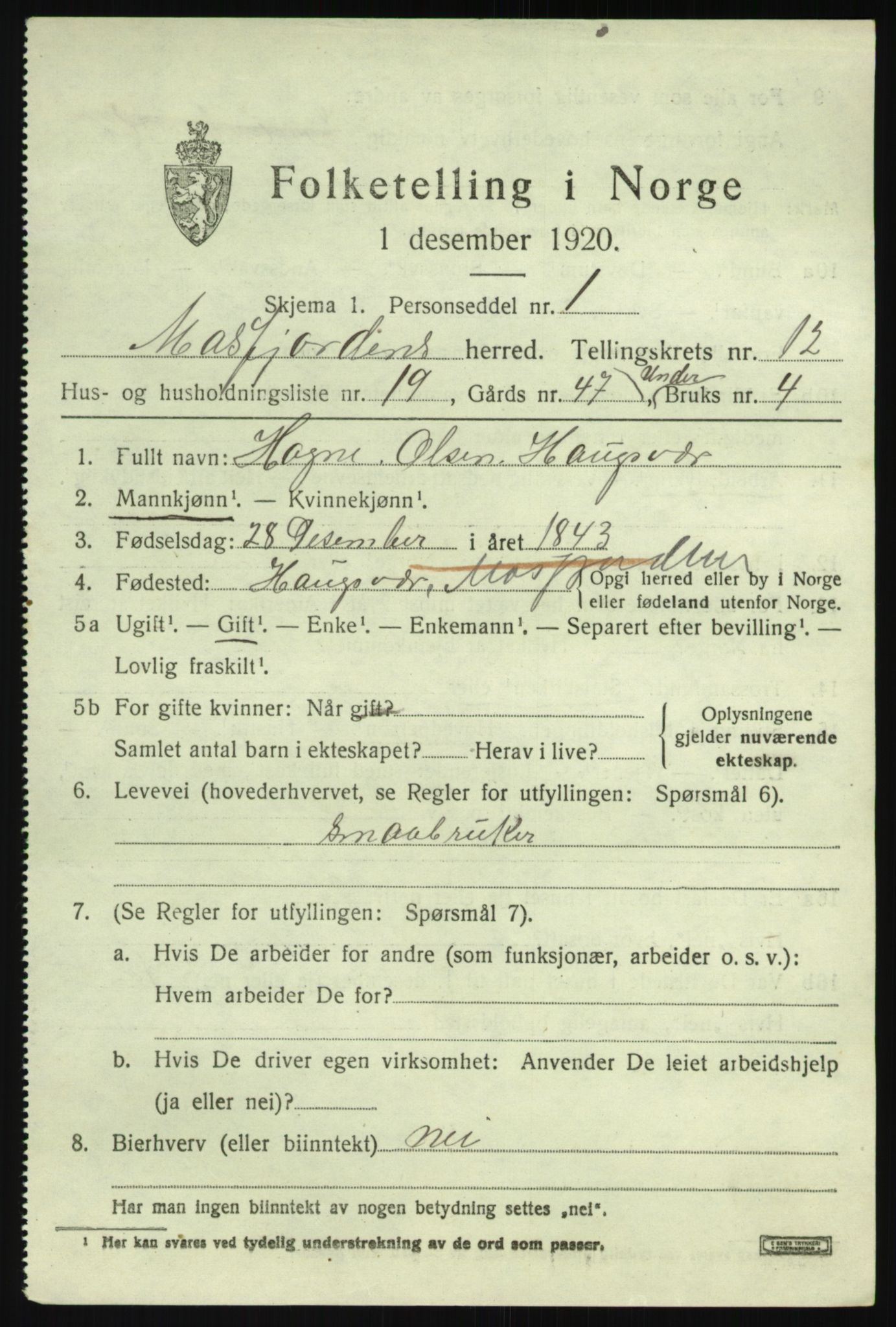 SAB, 1920 census for Masfjorden, 1920, p. 4757