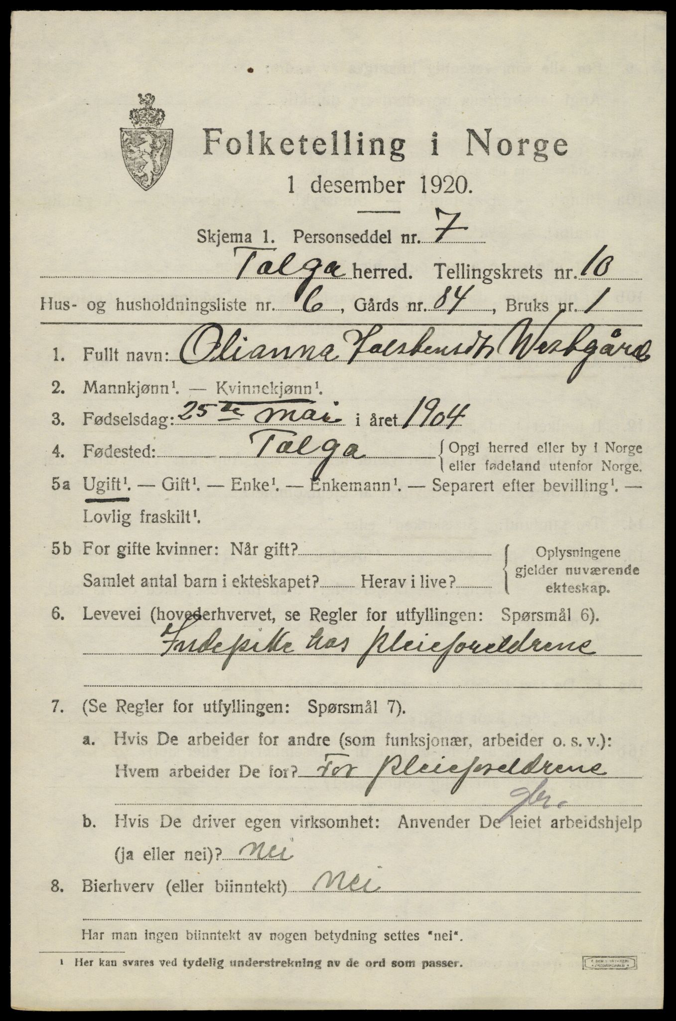 SAH, 1920 census for Tolga, 1920, p. 4963