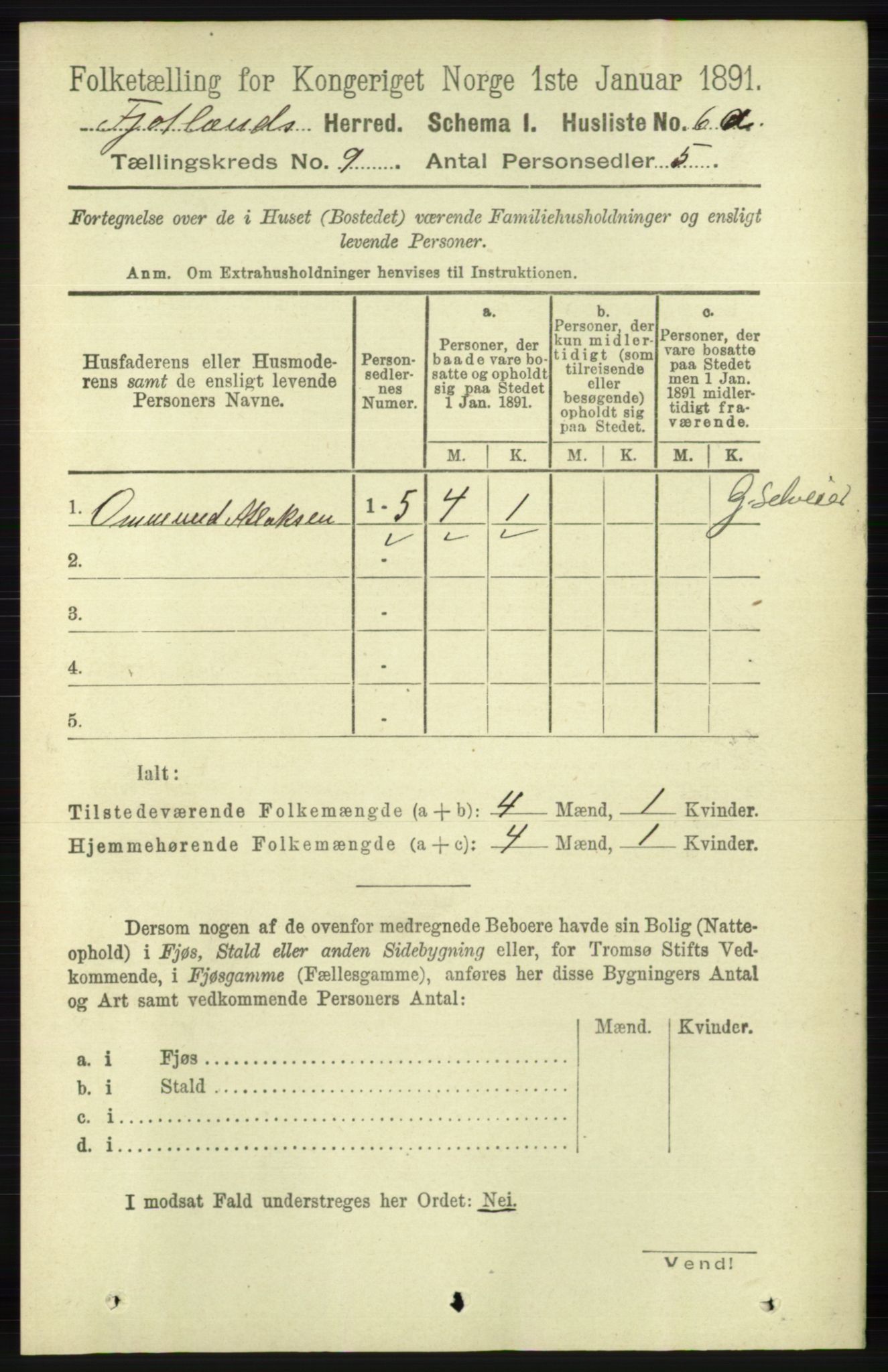 RA, 1891 census for 1036 Fjotland, 1891, p. 1286