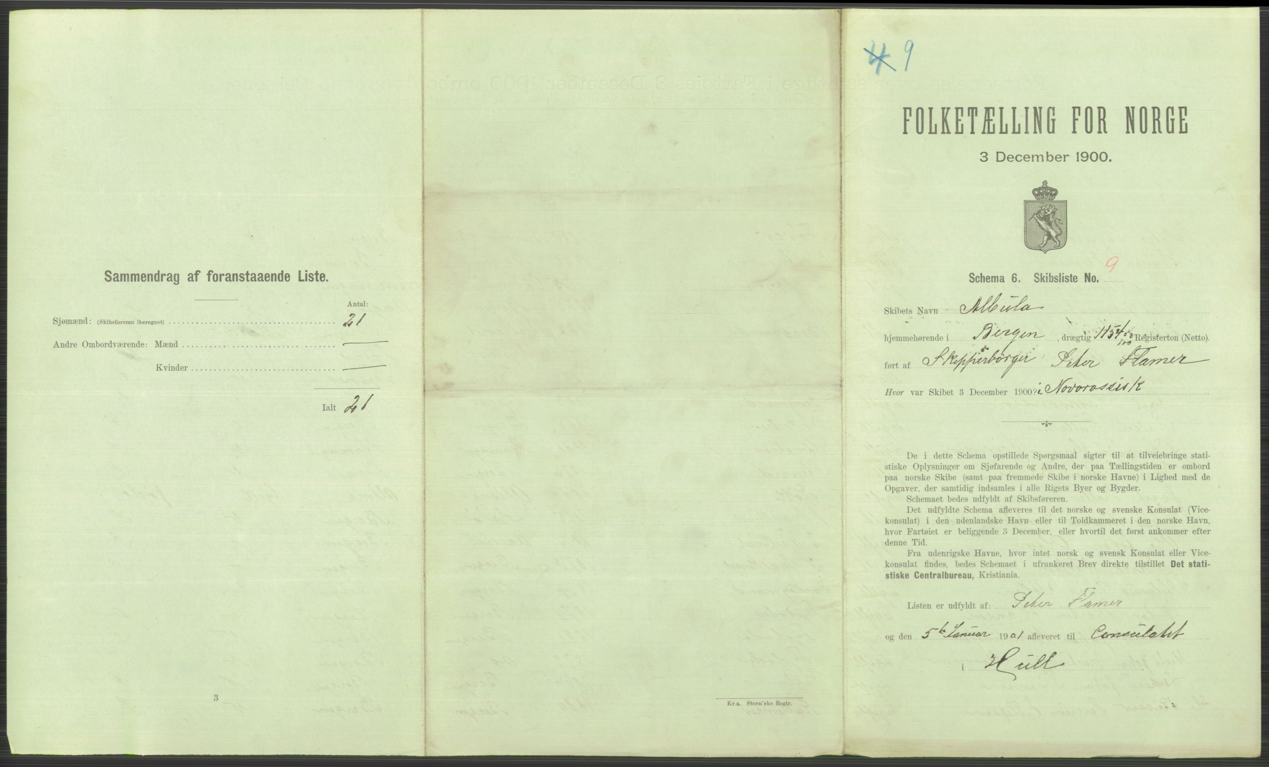 RA, 1900 Census - ship lists from ships in Norwegian harbours, harbours abroad and at sea, 1900, p. 4741