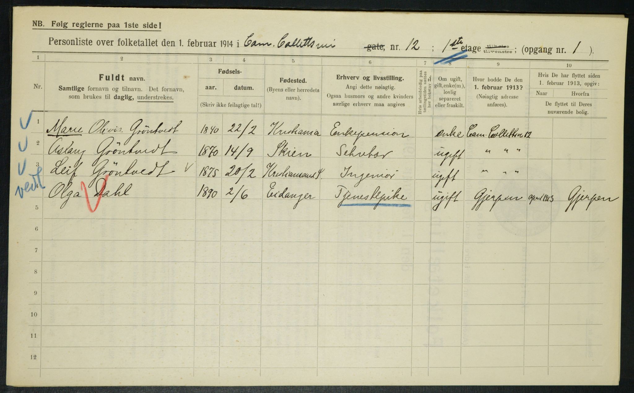 OBA, Municipal Census 1914 for Kristiania, 1914, p. 11914