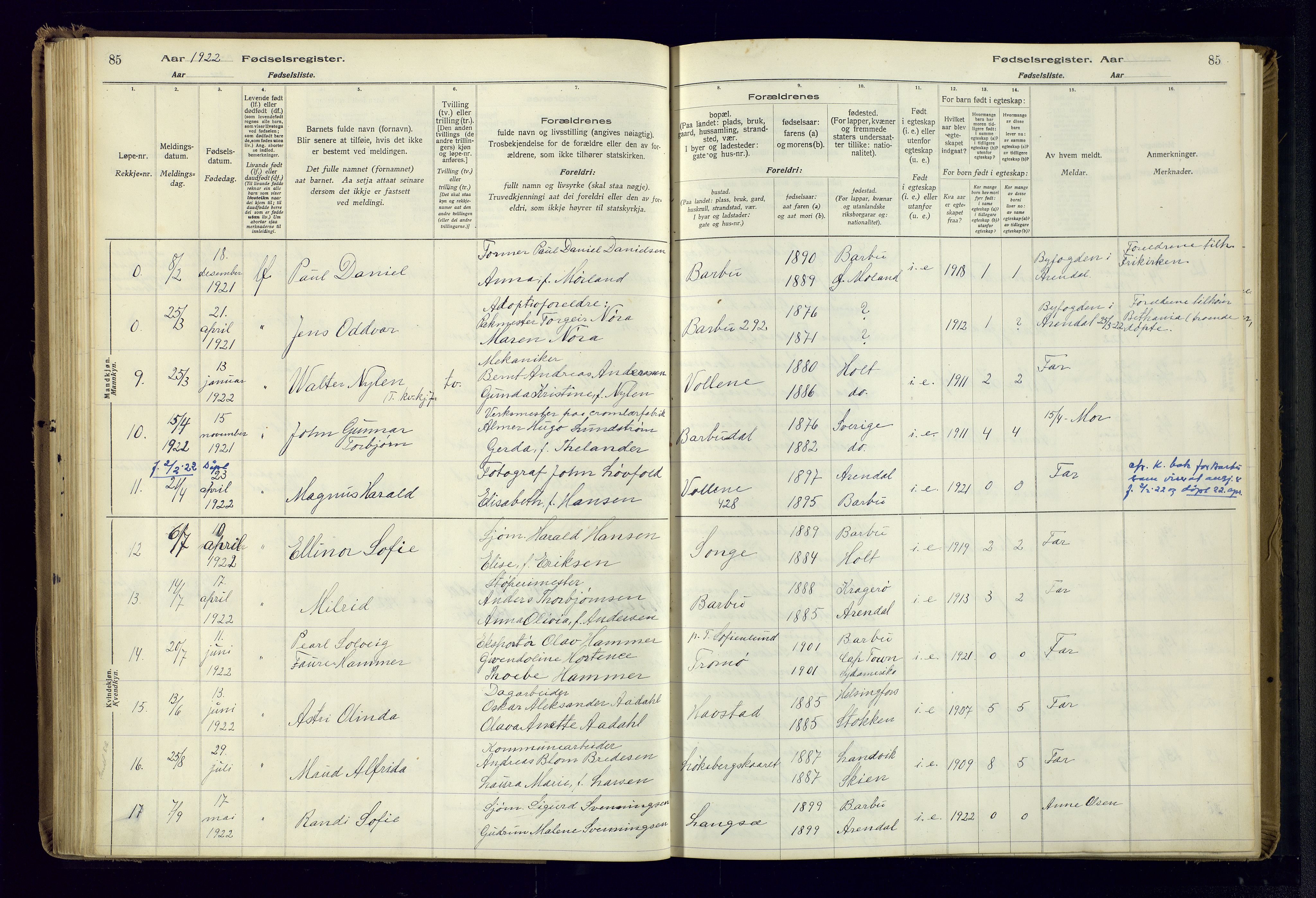 Barbu sokneprestkontor, SAK/1111-0003/J/Ja/L0001: Birth register no. A-VIII-1, 1916-1937, p. 85