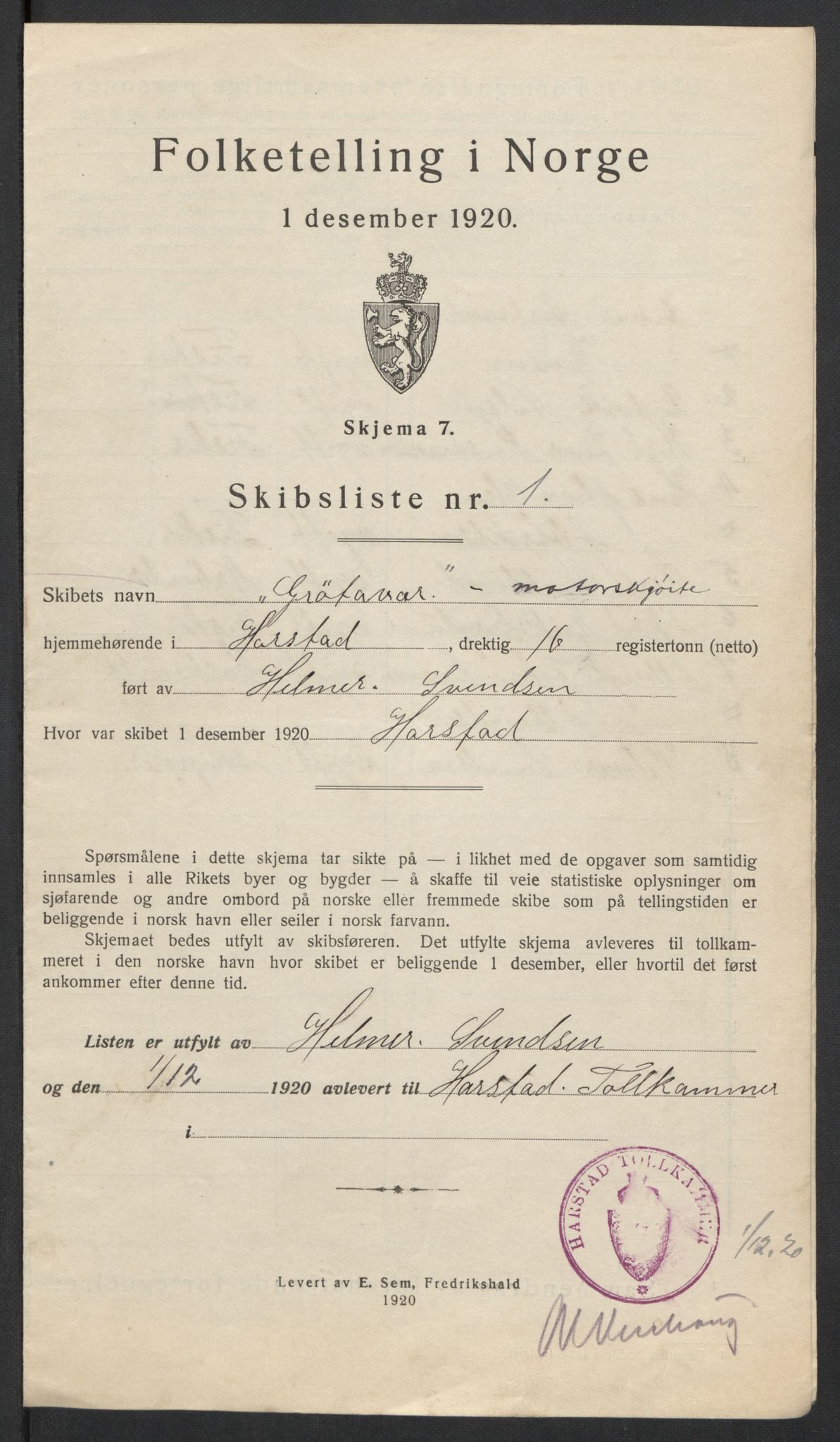 SATØ, 1920 census for Harstad, 1920, p. 9895