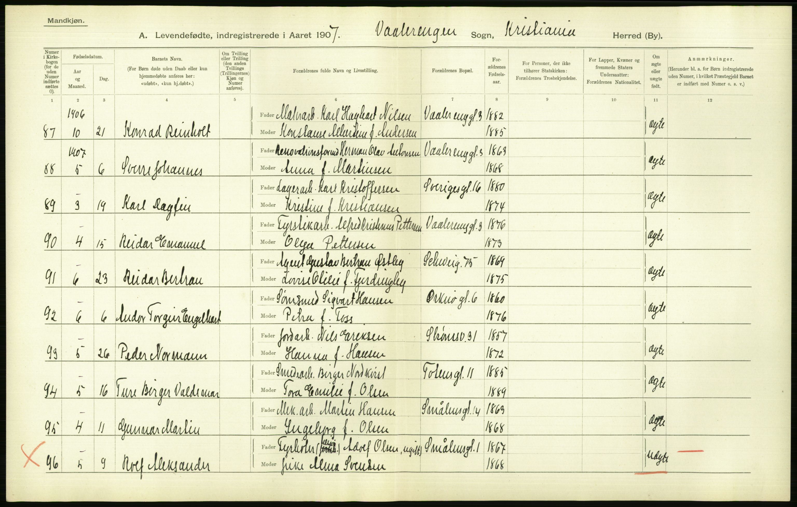 Statistisk sentralbyrå, Sosiodemografiske emner, Befolkning, AV/RA-S-2228/D/Df/Dfa/Dfae/L0007: Kristiania: Levendefødte menn og kvinner., 1907, p. 596