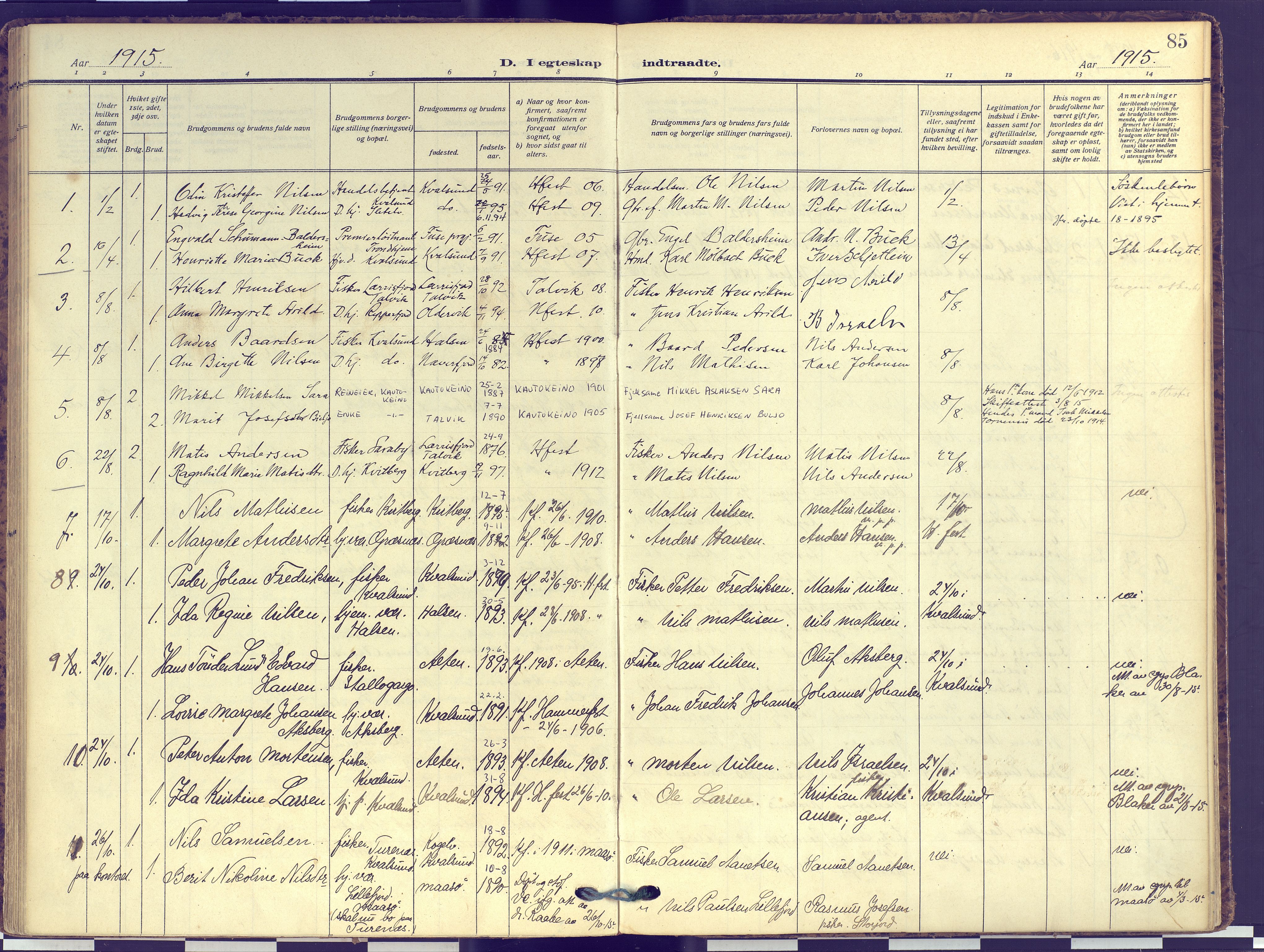 Hammerfest sokneprestkontor, SATØ/S-1347: Parish register (official) no. 16, 1908-1923, p. 85