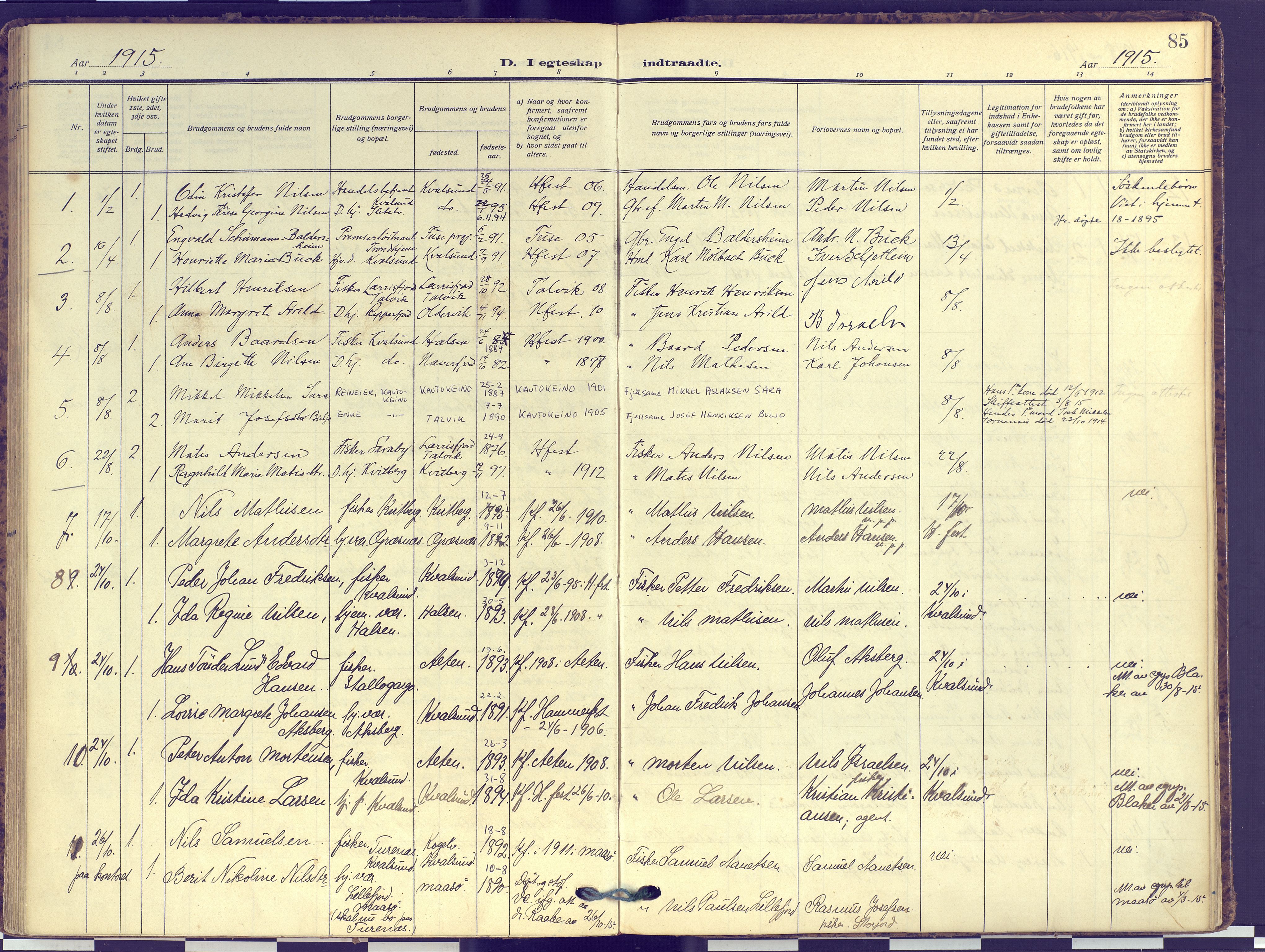 Hammerfest sokneprestkontor, AV/SATØ-S-1347/H/Ha/L0016.kirke: Parish register (official) no. 16, 1908-1923, p. 85