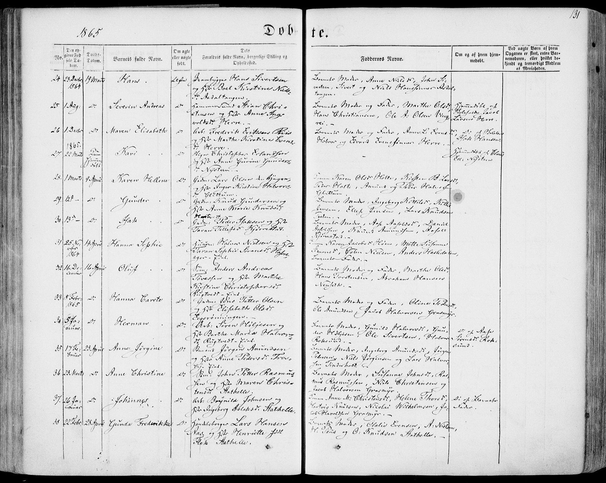 Bamble kirkebøker, AV/SAKO-A-253/F/Fa/L0005: Parish register (official) no. I 5, 1854-1869, p. 131