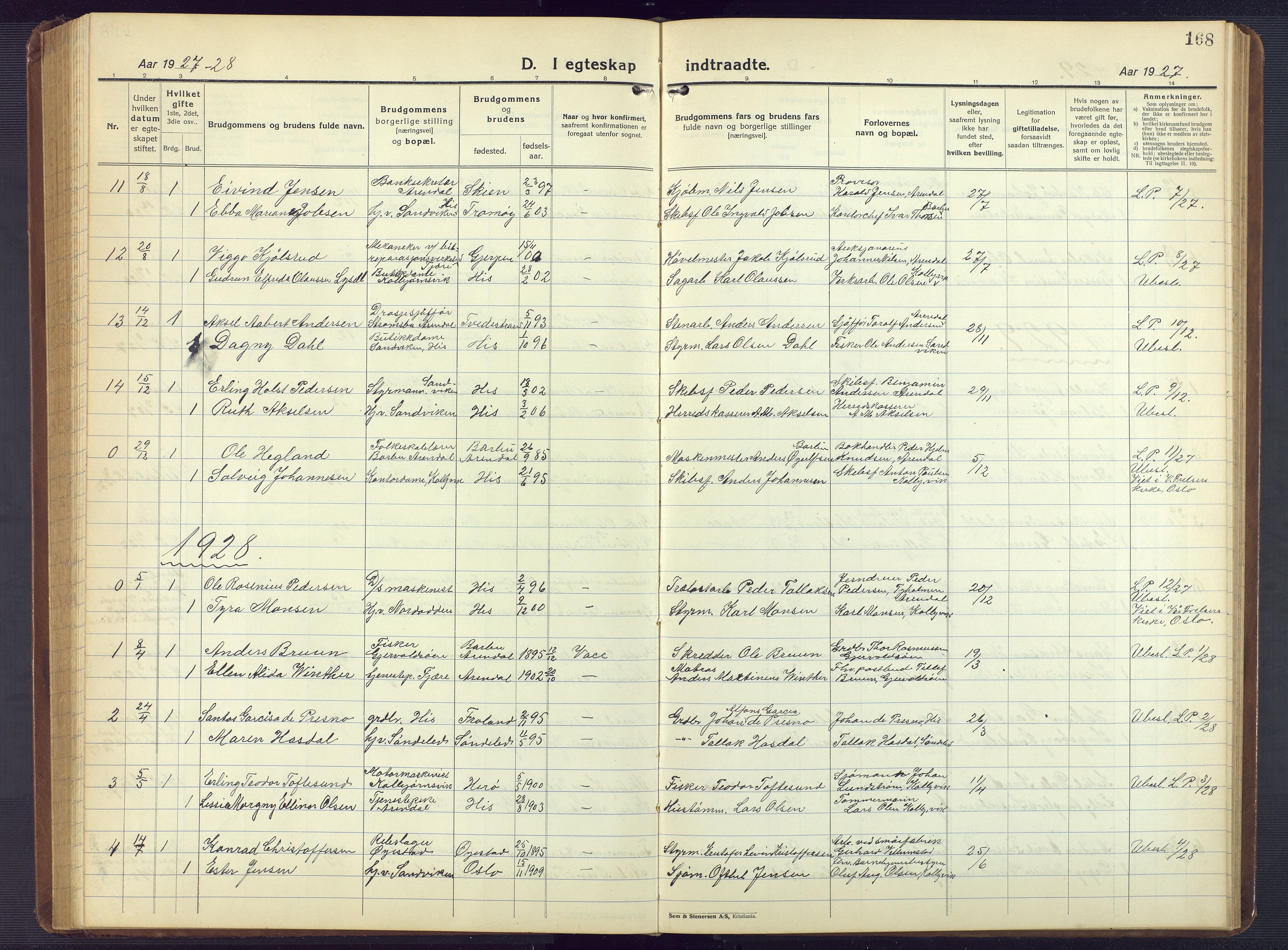 Hisøy sokneprestkontor, AV/SAK-1111-0020/F/Fb/L0005: Parish register (copy) no. B 5, 1924-1946, p. 168