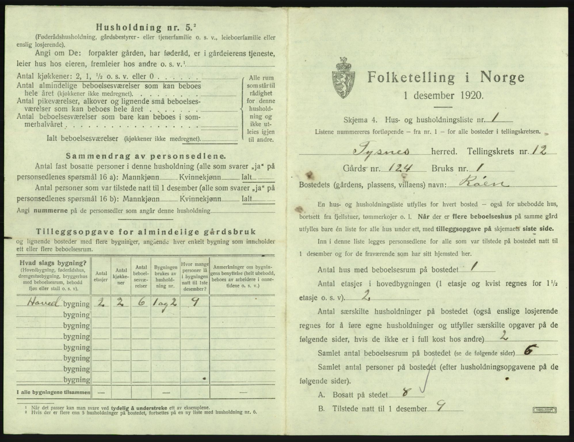 SAB, 1920 census for Tysnes, 1920, p. 1223